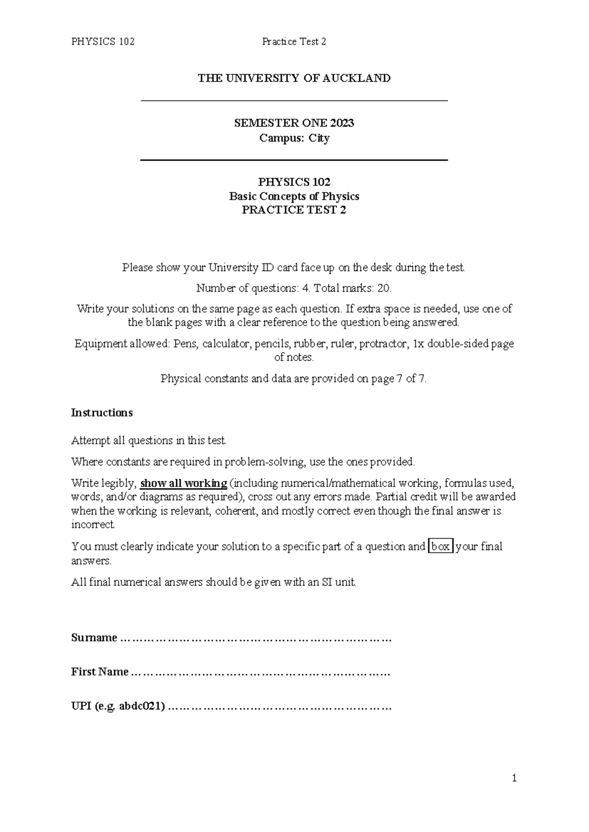 PHYSICS 102 Practice Test 2 - Semester 1, 2023 - The University of ...