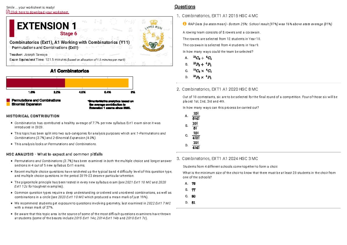Combinatorics EXT1 A1 Exam Prep: Key Concepts & Past Questions - Studocu