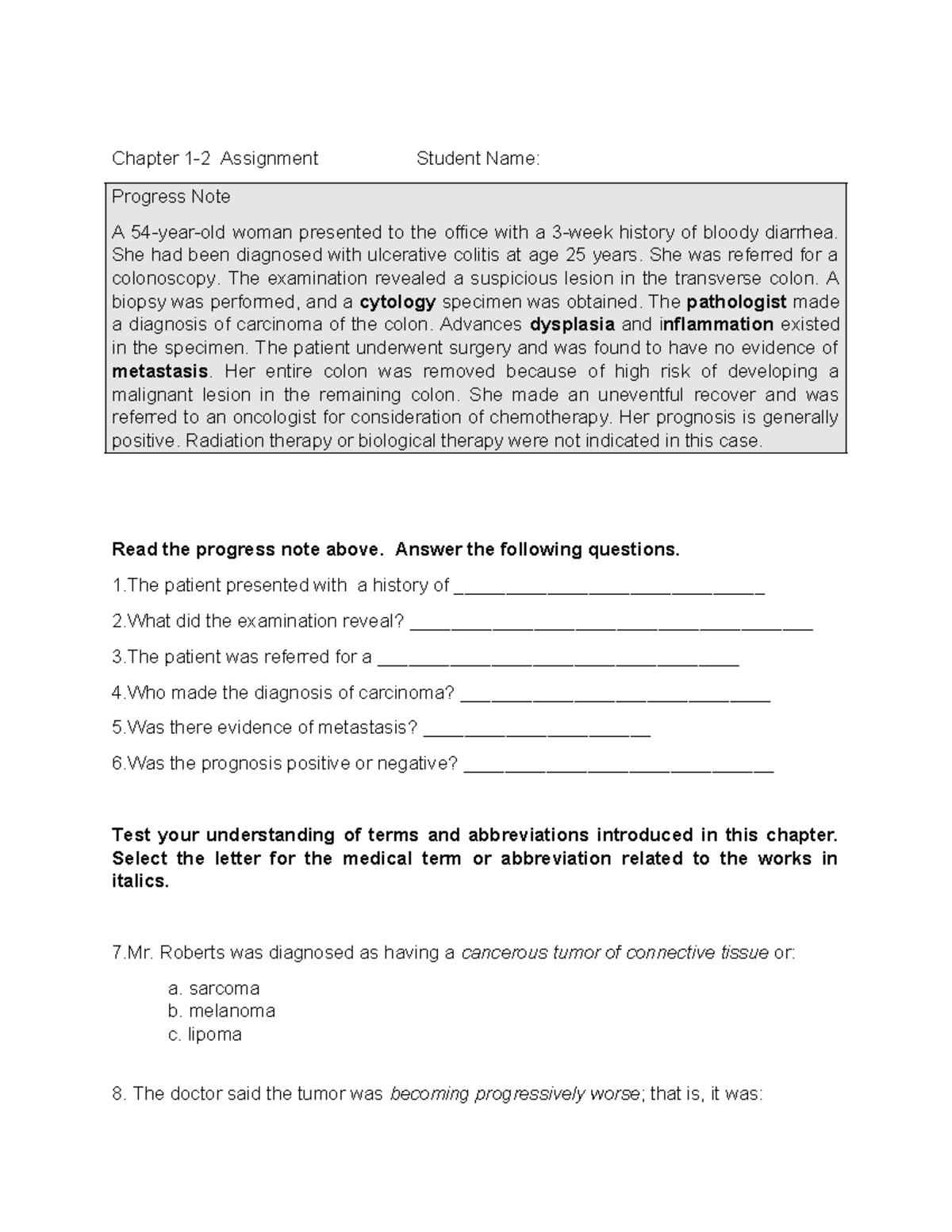 Ch 1-2 Assignment: Medical Case Study and Terminology Quiz - Studocu