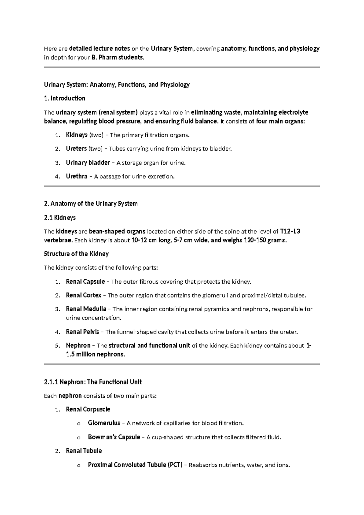 B. Pharm Lecture Notes: In-Depth Study of the Urinary System - Studocu
