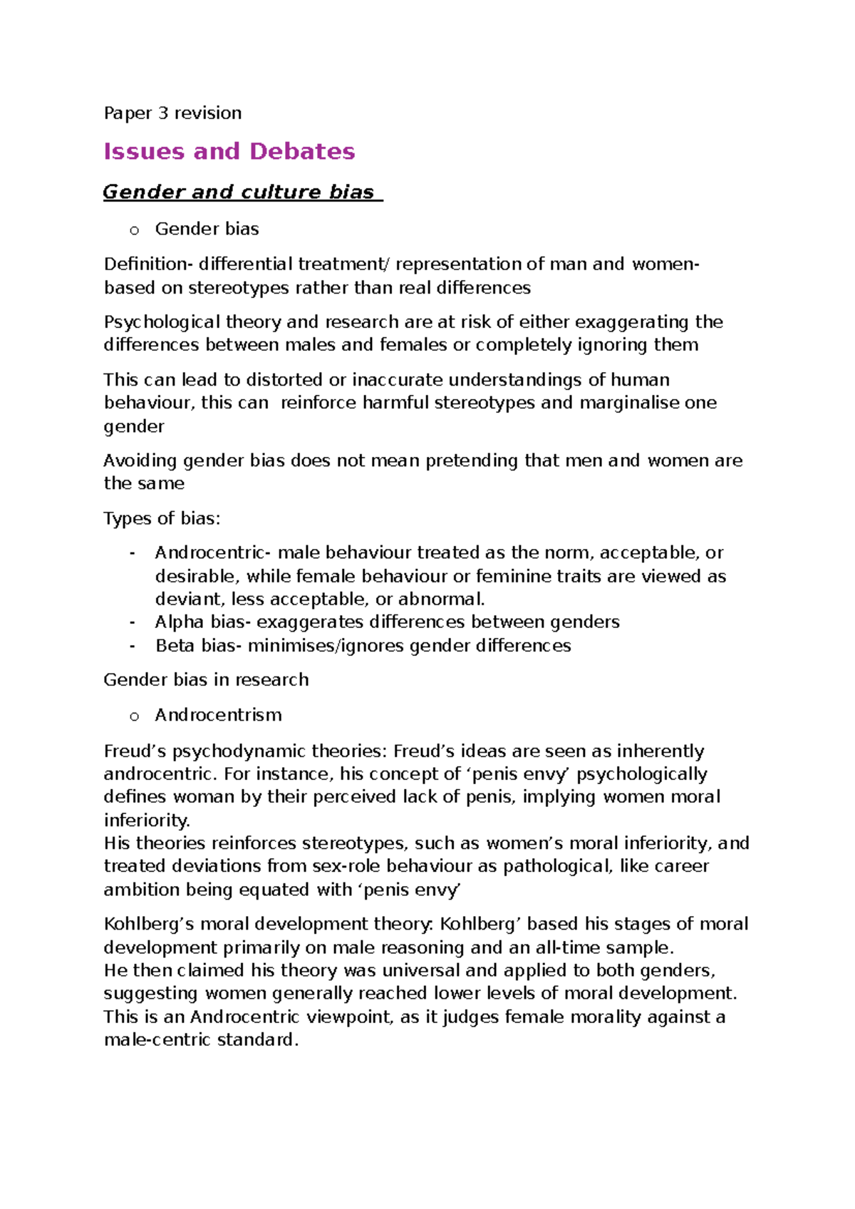 Paper 3 Revision: Gender & Culture Bias Issues in Psychology - Studocu
