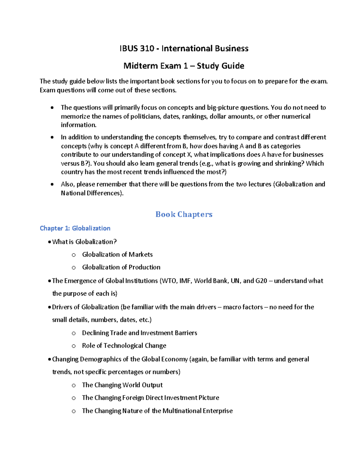 IBUS310 Midterm Exam 1 - Comprehensive Study Guide - Studocu