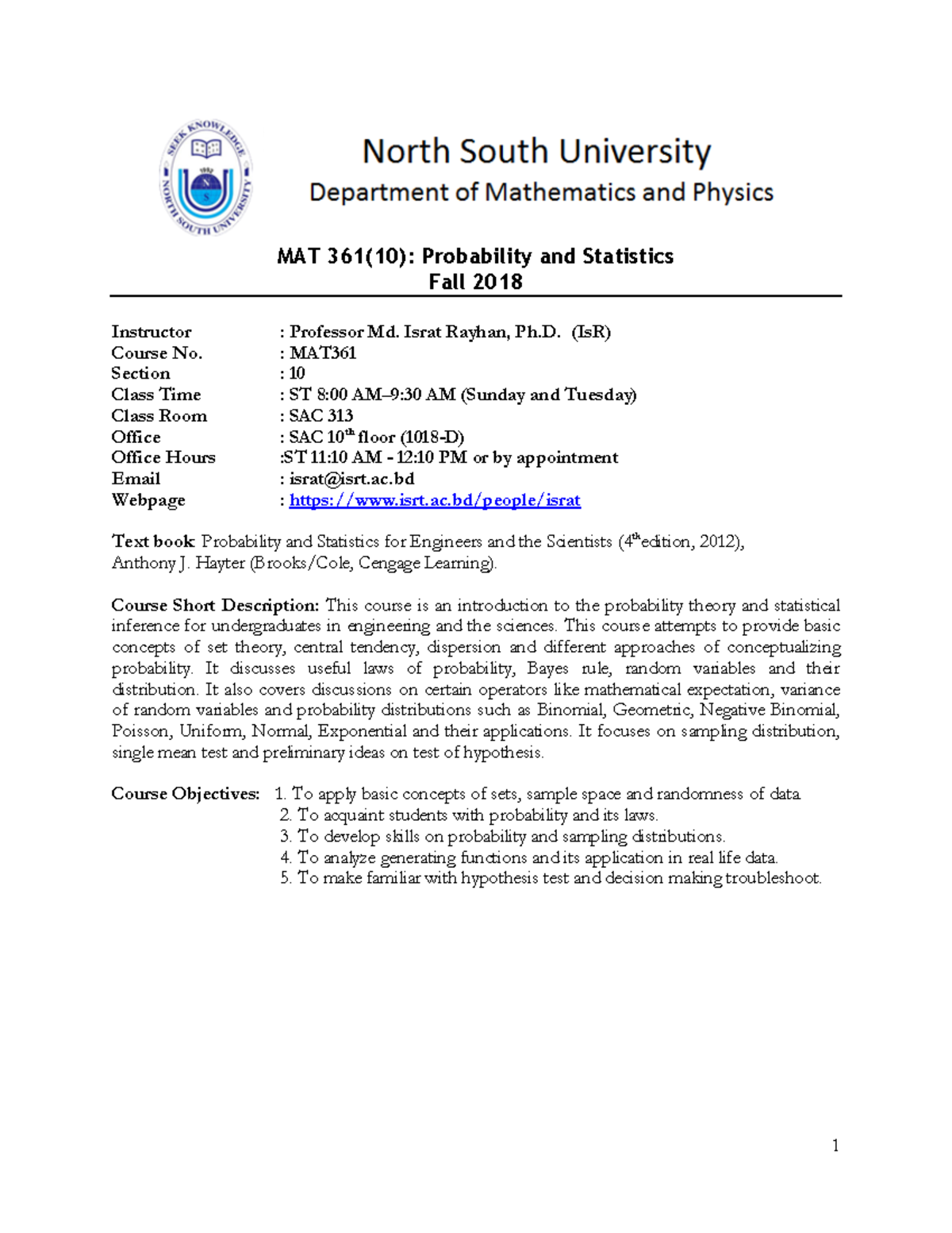 MAT 361 - Fall 2018 Probability and Statistics Course Outline - Studocu