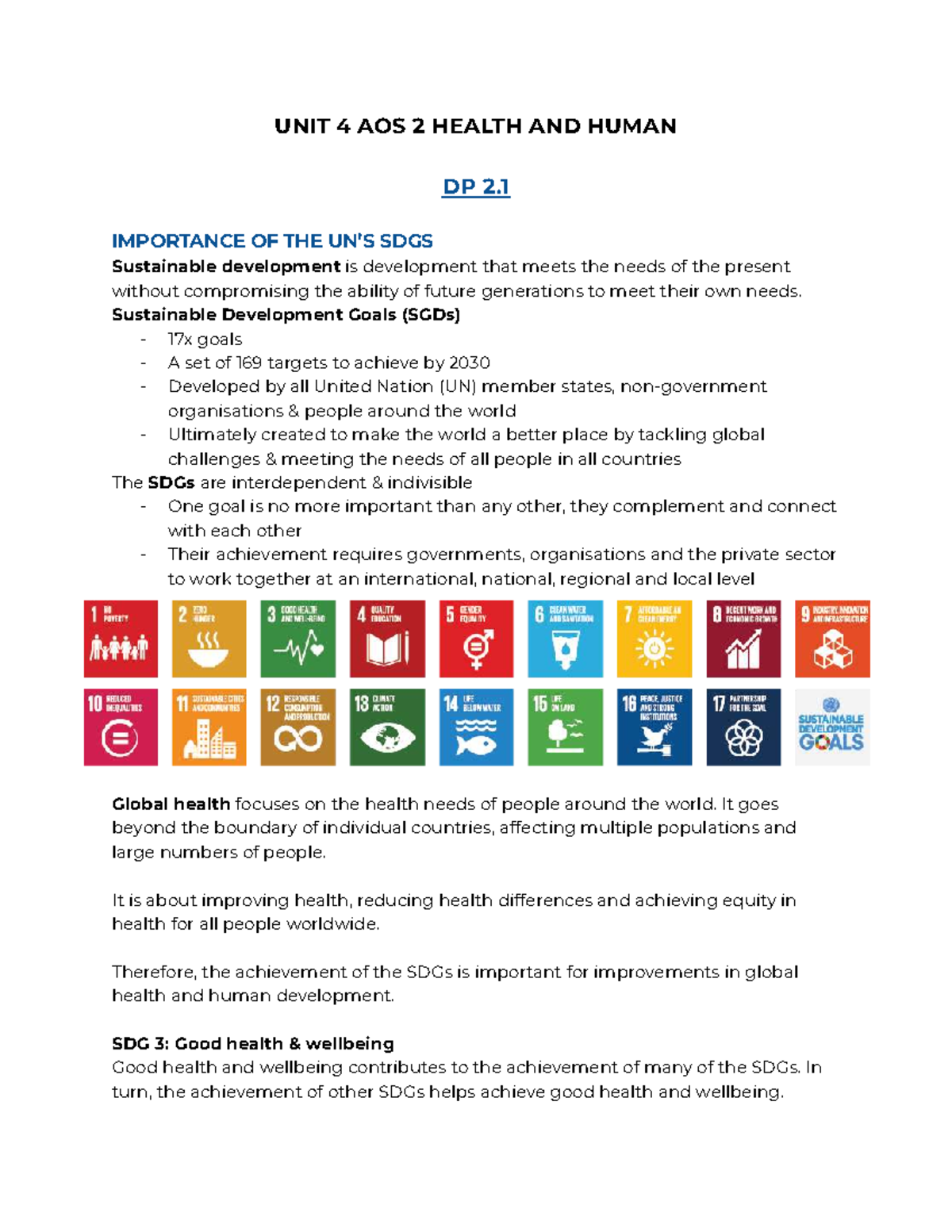 UNIT 4 AOS 2 Health and Human DP 2.1: Importance of the SDGs - Studocu