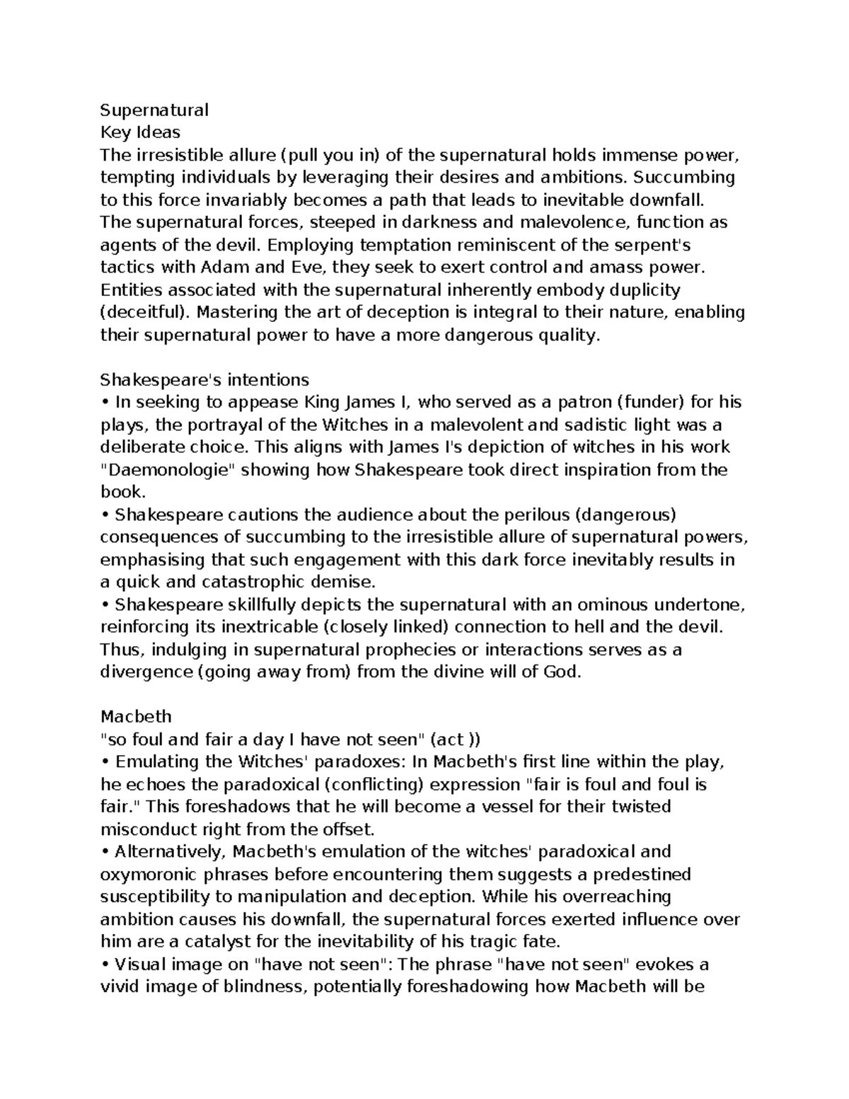 Key Ideas on Supernatural Influences in Macbeth (ENG 101) - Studocu