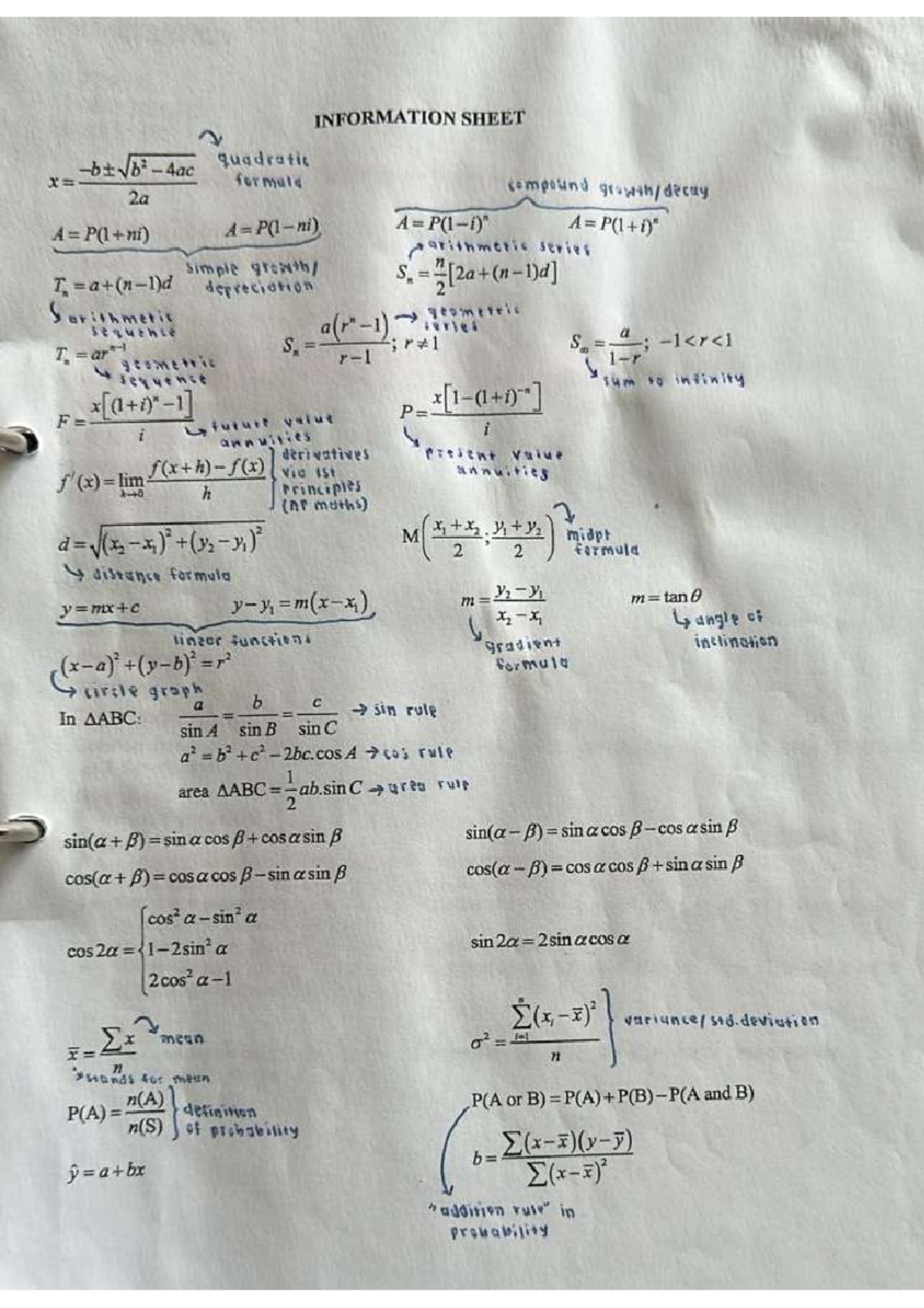 Matric Information Sheet: Quadratic Formula & Probability Concepts ...