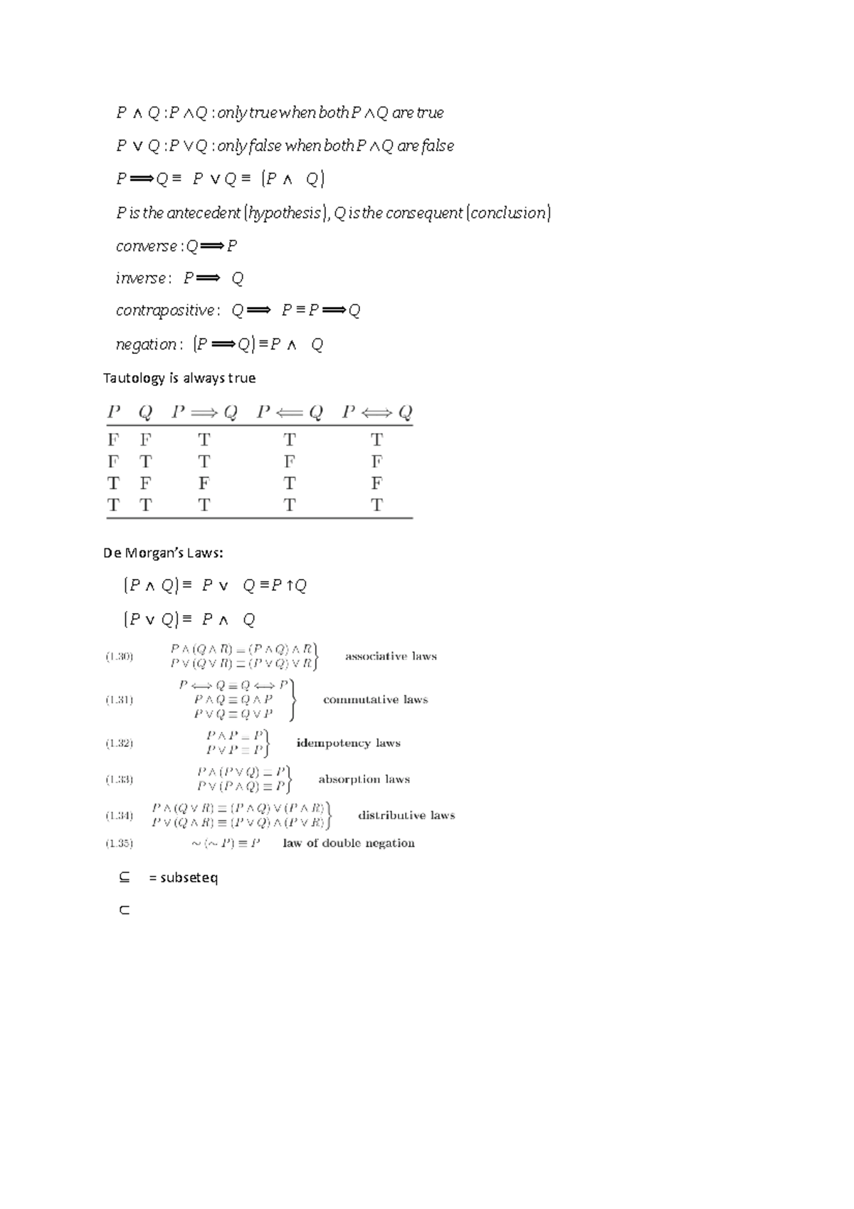 Math310Note - aaaaaaaaaaa - P ∧ Q:P∧Q:onlytruewhenbothP∧Qaretrue P ∨ Q ...