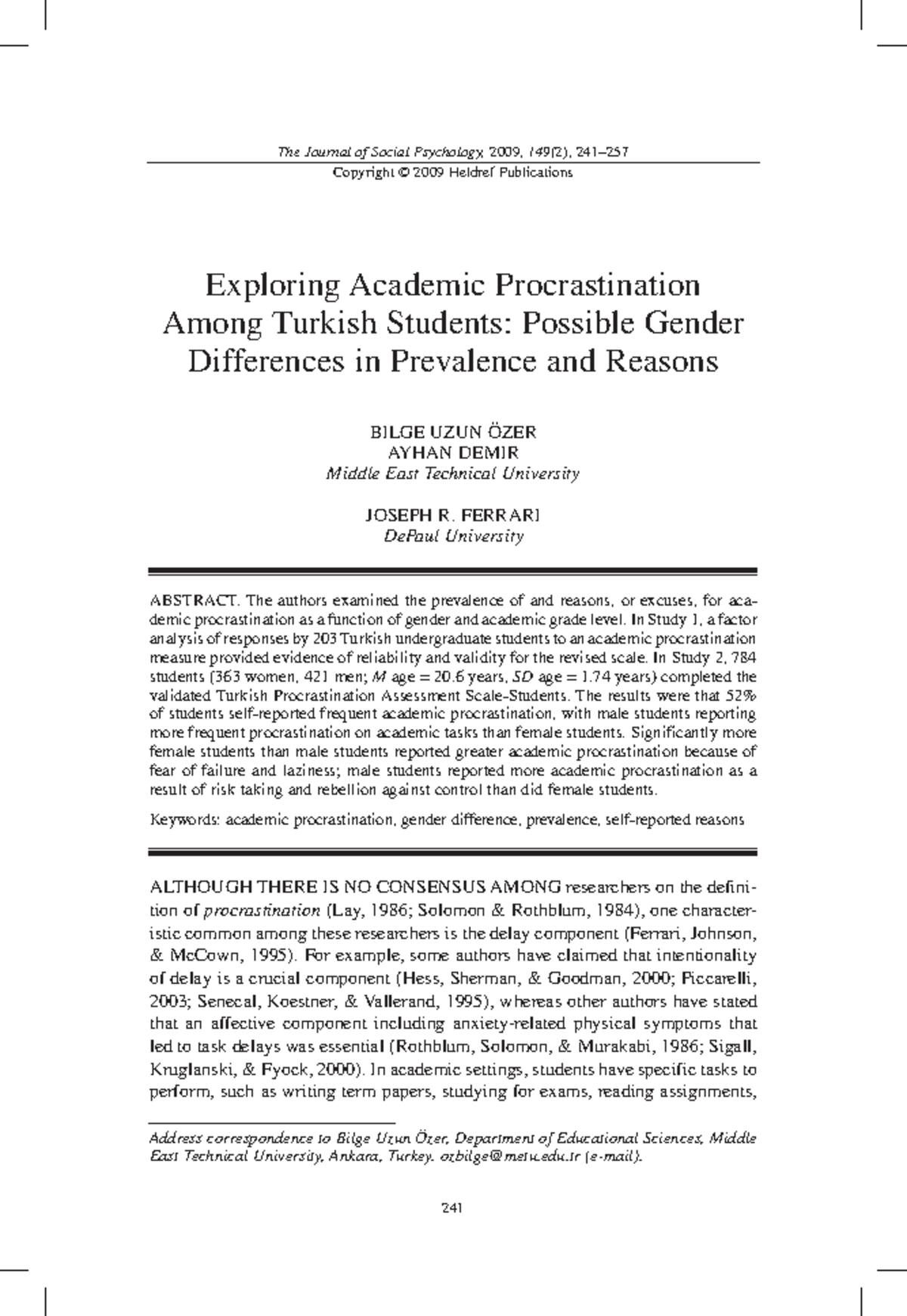 Academic Procrastination Among Turkish Students: Gender Differences and ...
