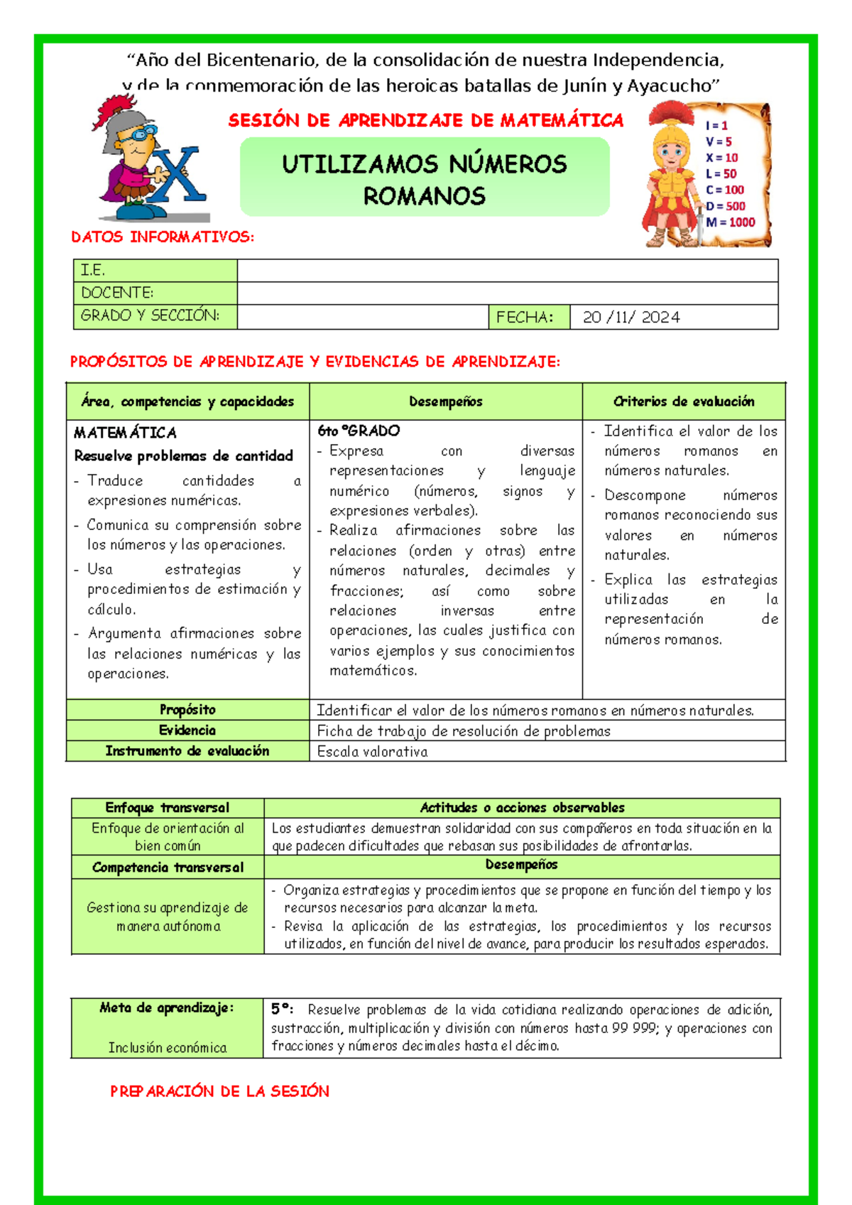 MAT- Sesión de Aprendizaje: Números Romanos en 6° Grado - Document Preview