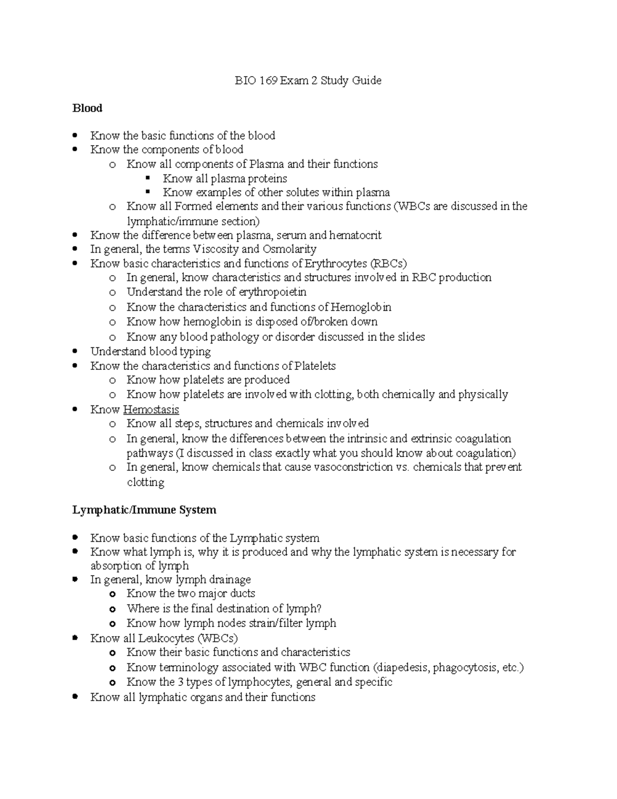 BIO 169 Exam 2 Study Guide: Blood, Lymphatics & Cardiovascular Systems ...