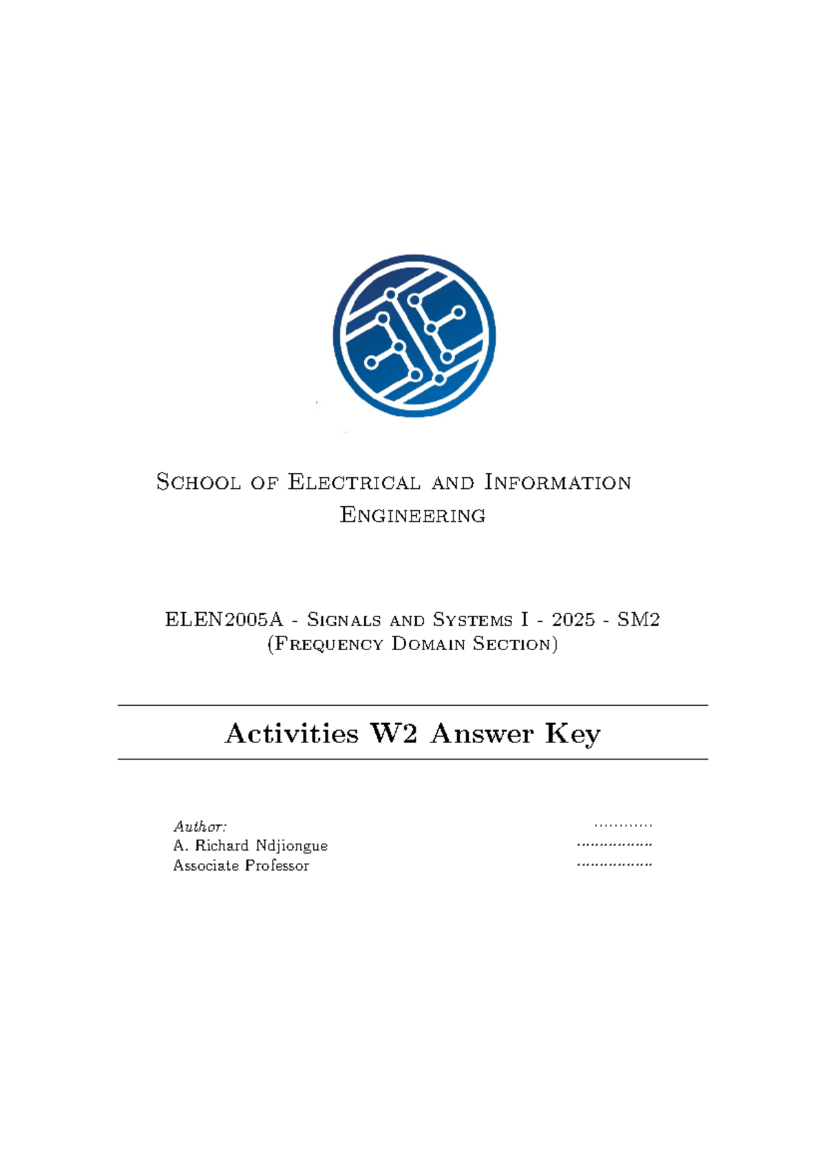 ELEN2005A Signals and Systems I 2025 W2 Activities Answer Key - Studocu