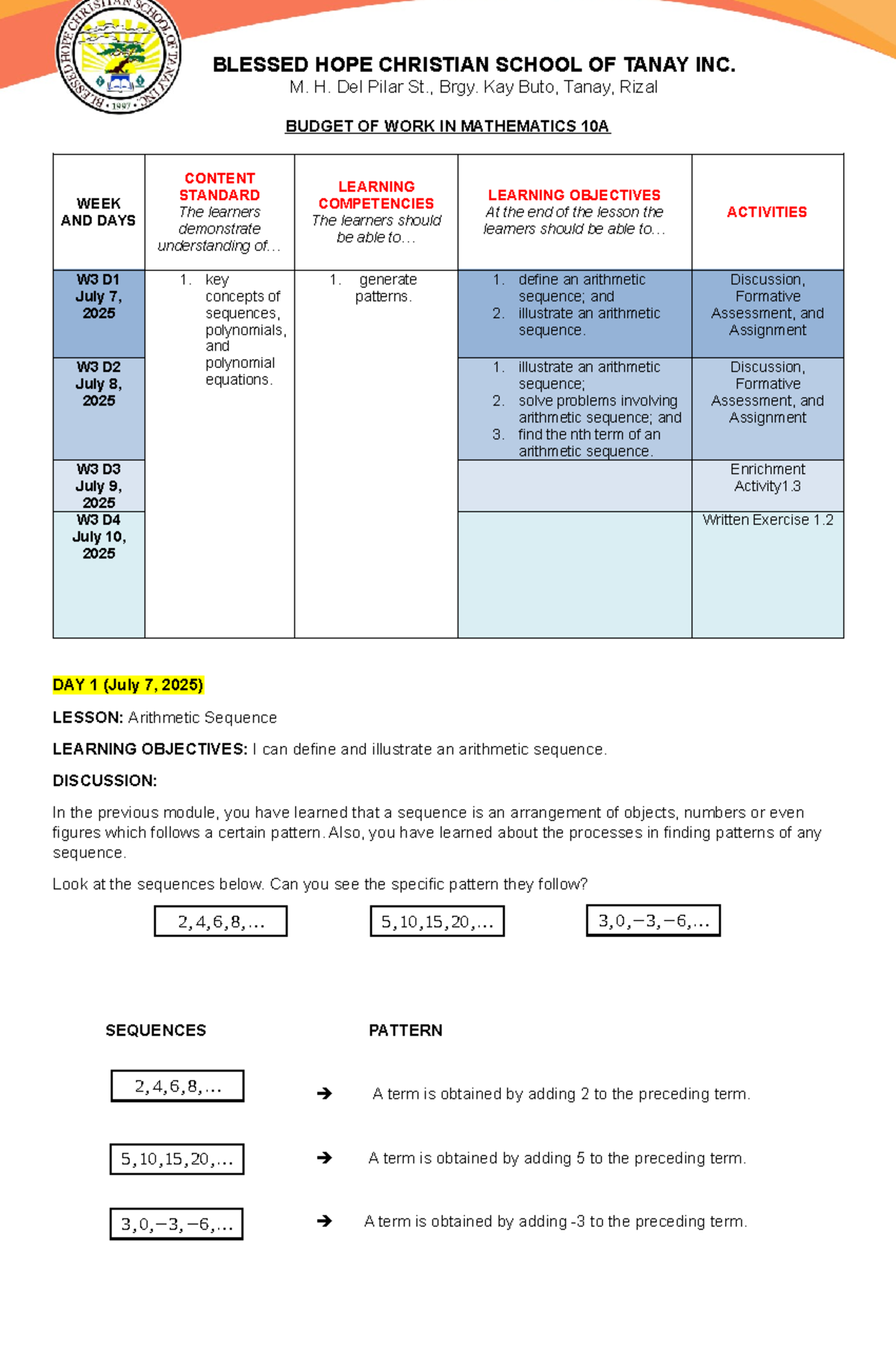Week 3 - Math 10A - Budget of Work on Arithmetic Sequences - Studocu
