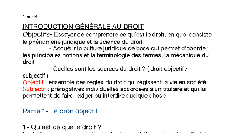 Introduction Générale au Droit - Cours 1 - Studocu