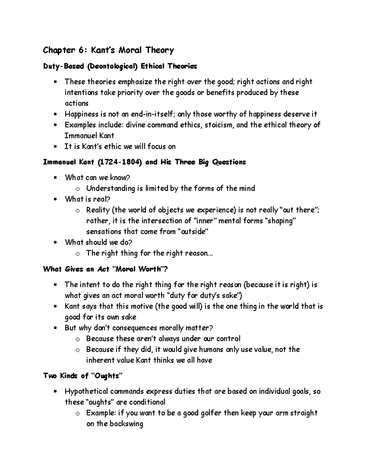 Chapter 6 Lecture Notes: Kant's Moral Theory Explained - Studocu