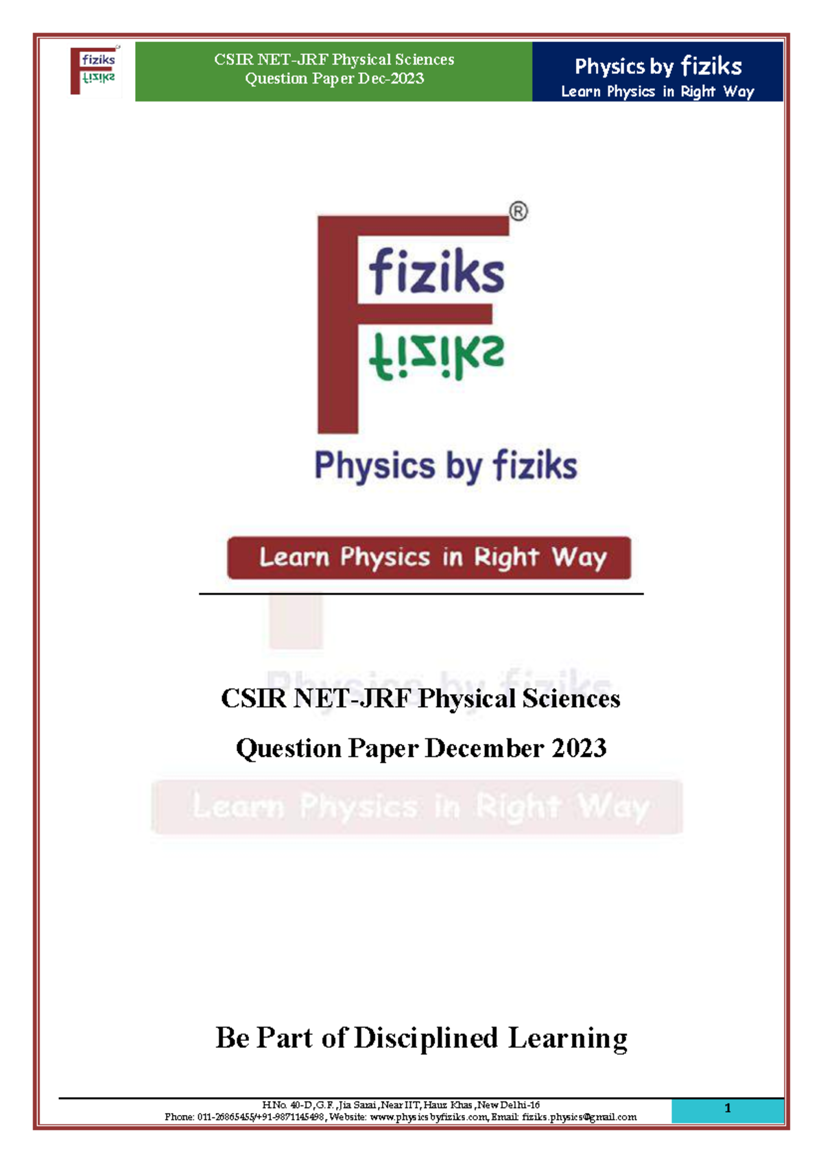 CSIR NET-JRF Physical Sciences December 2023 Question Paper - Studocu