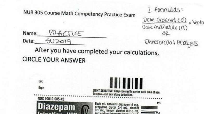 NUR 305 Math Competency Practice Exam: Dimensional Analysis Exercises ...