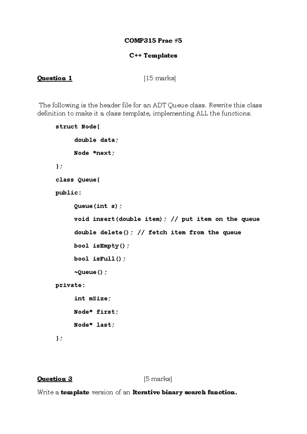 Practical Five Comp315 - Questions - COMP315 Prac # 5 C++ Templates ...