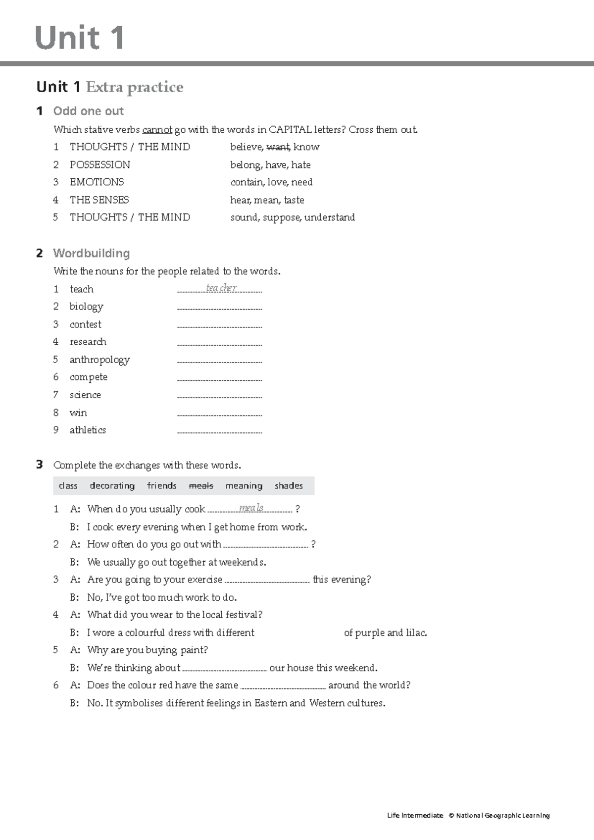 Int Unit 1 Extra Practice: Stative Verbs & Wordbuilding Exercises - Studocu