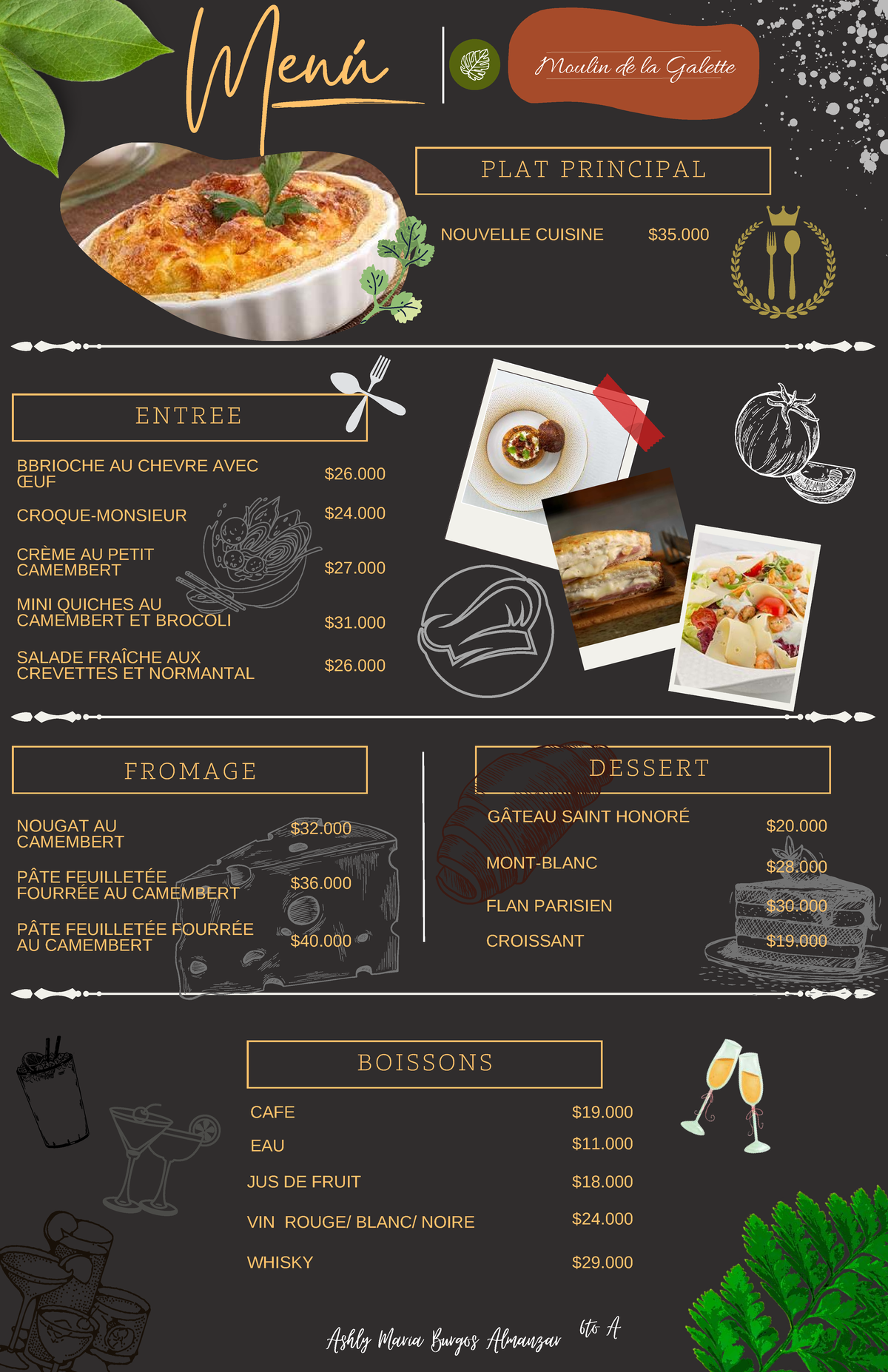 Menu (Frances) - .... - Menú ENTREE FROMAGE BBRIOCHE AU CHEVRE AVEC ŒUF ...