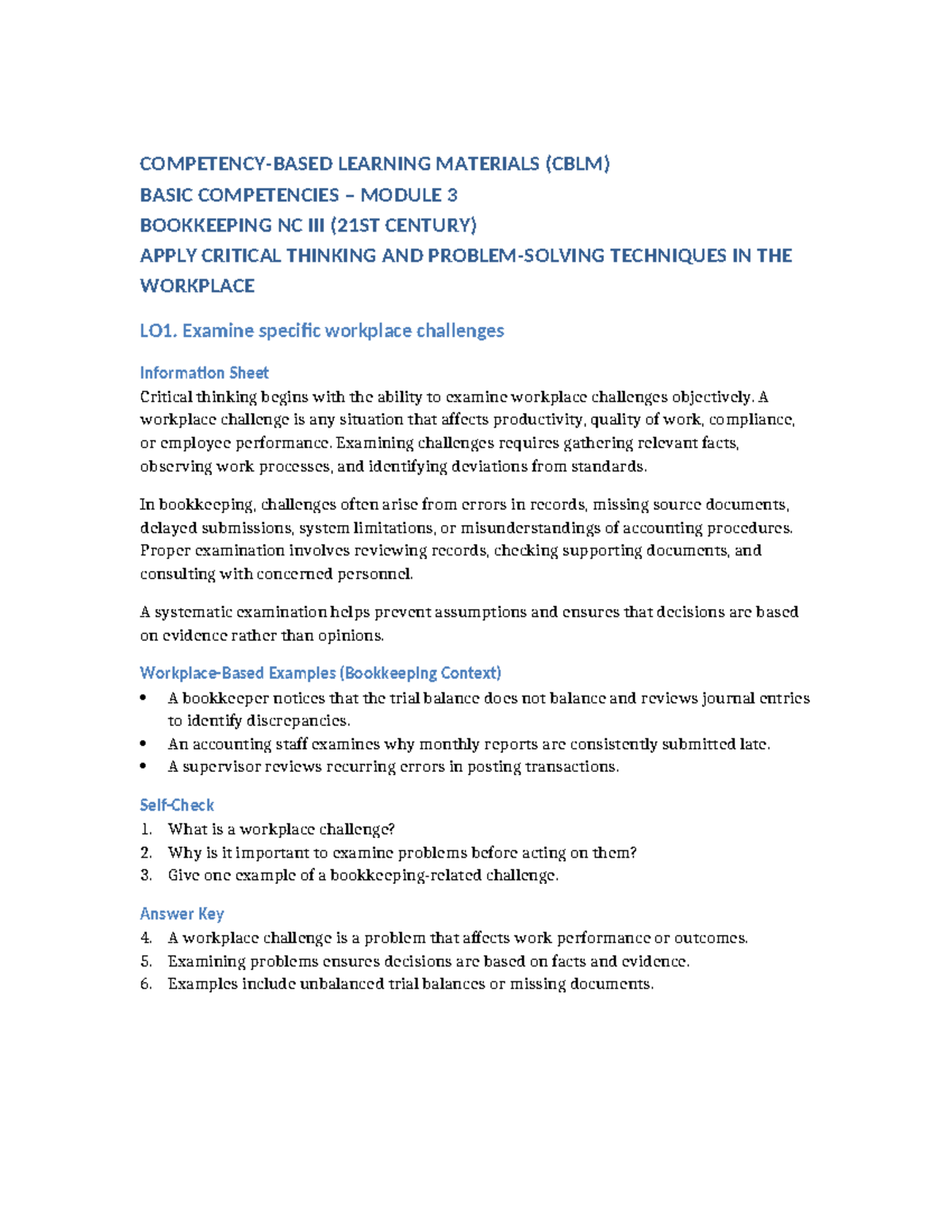 CBLM Module 3: Critical Thinking & Problem Solving in Bookkeeping - Studocu