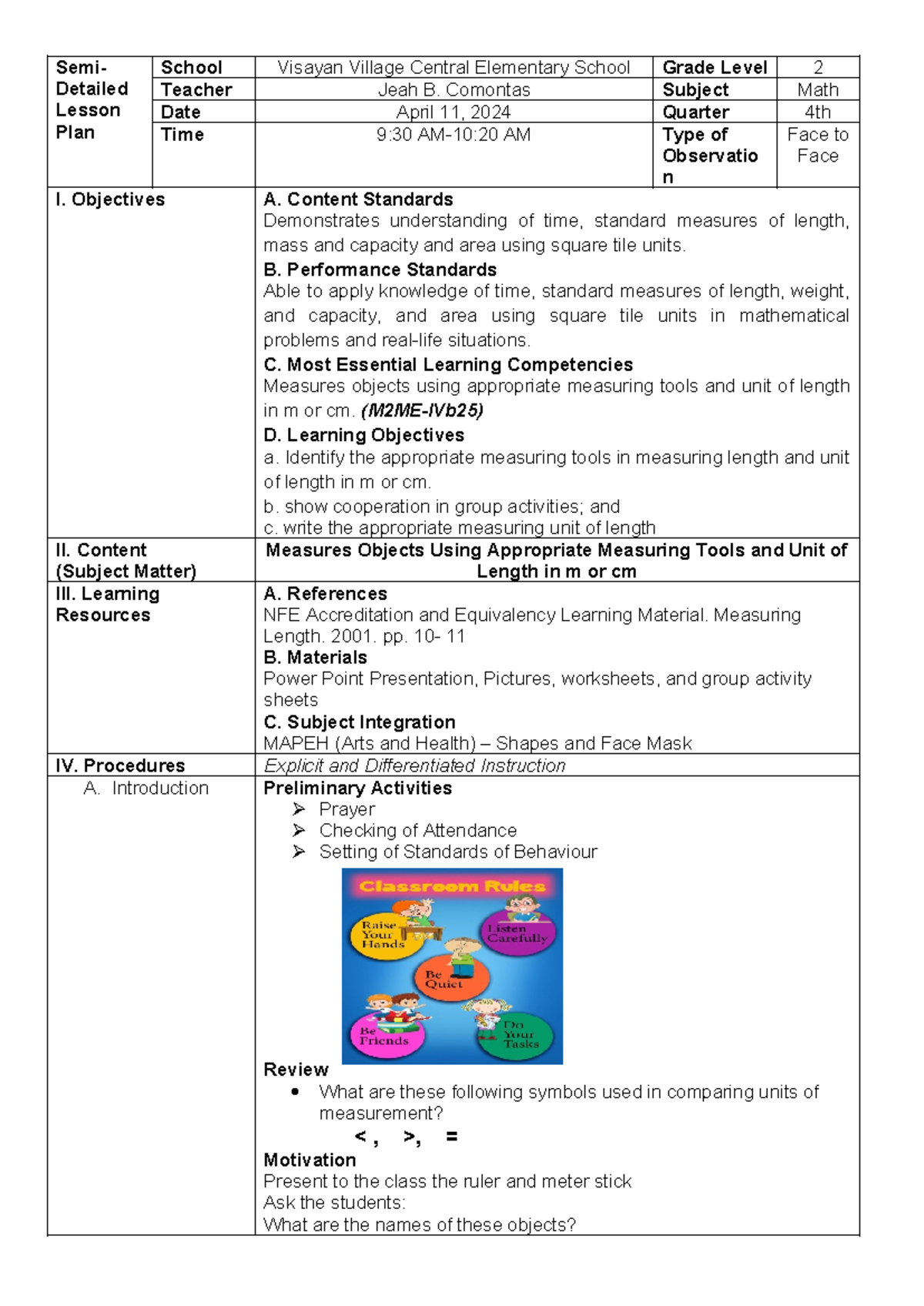Final Measurement LP - Semi- Detailed Lesson Plan School Visayan ...
