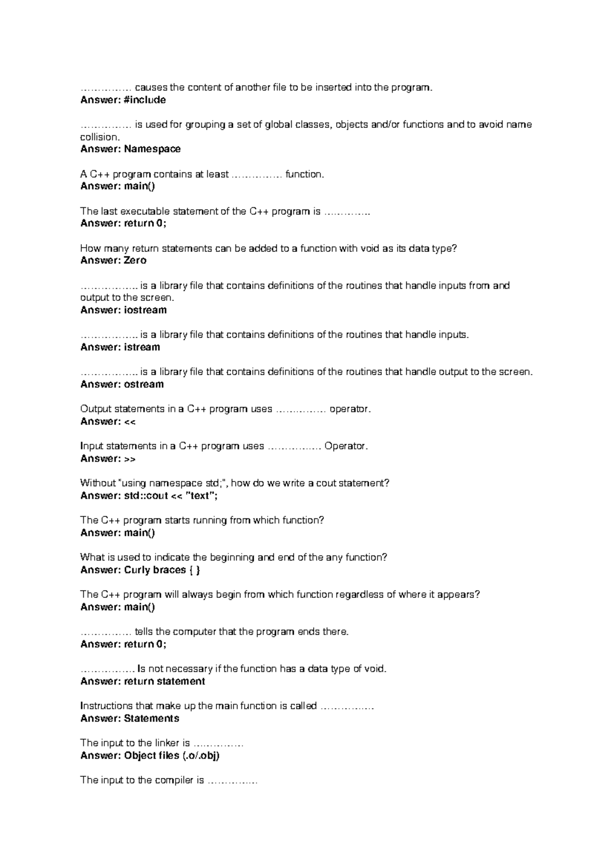 C++ Trial 1 Qn A - Practice Material on Programming Concepts - Studocu