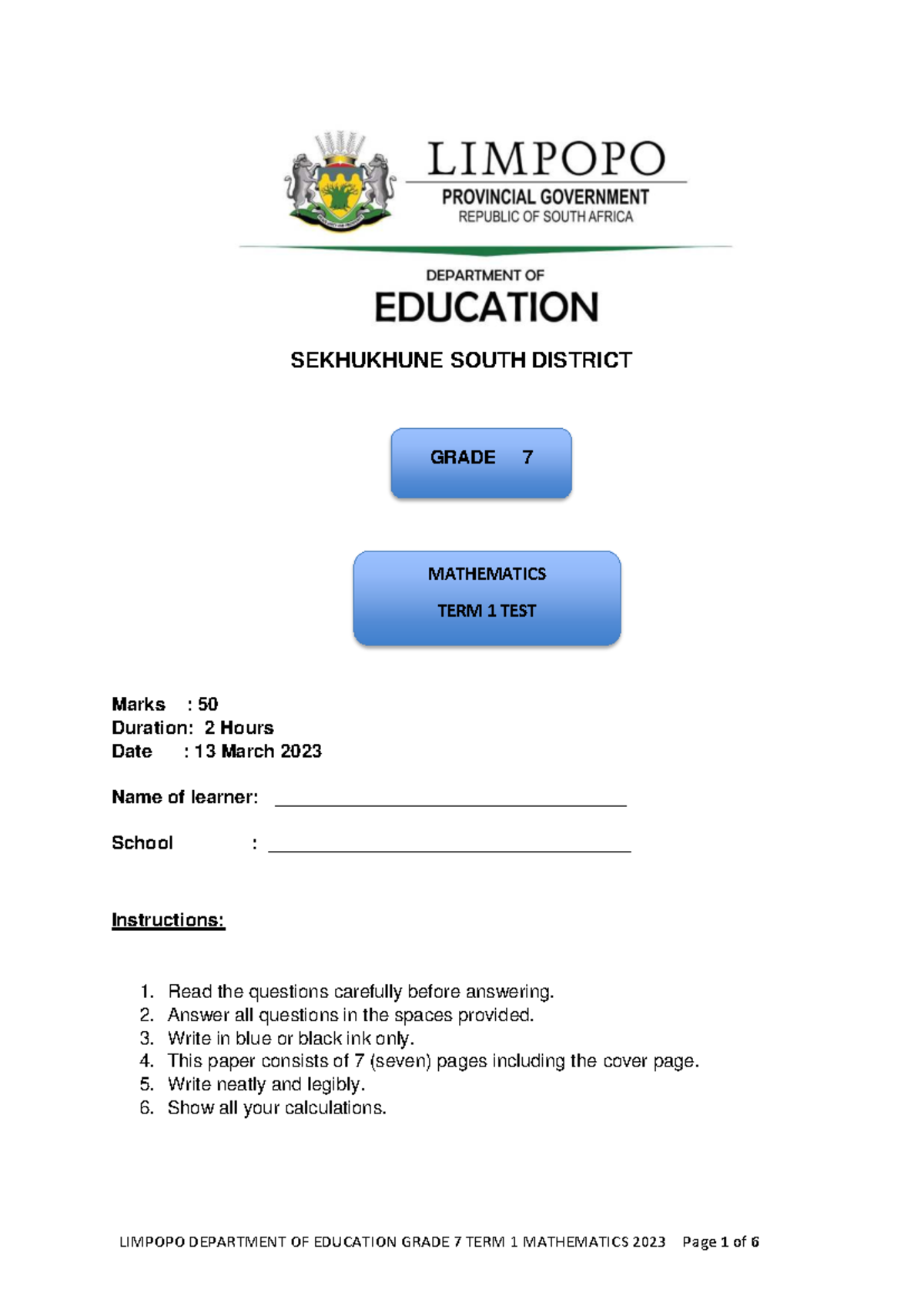 SEKHUKHUNE SOUTH DISTRICT GRADE 7 MATHEMATICS TERM 1 TEST 2023 - Studocu