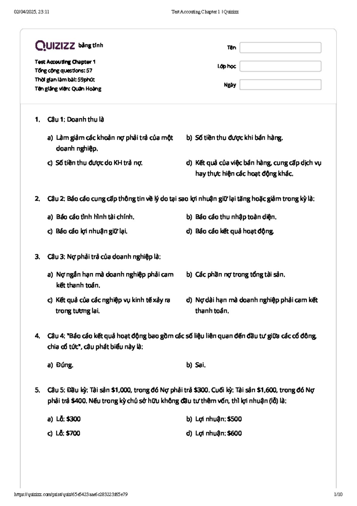 23:11 Test Accounting Chapter 1 Quizizz Questions and Answers - Studocu