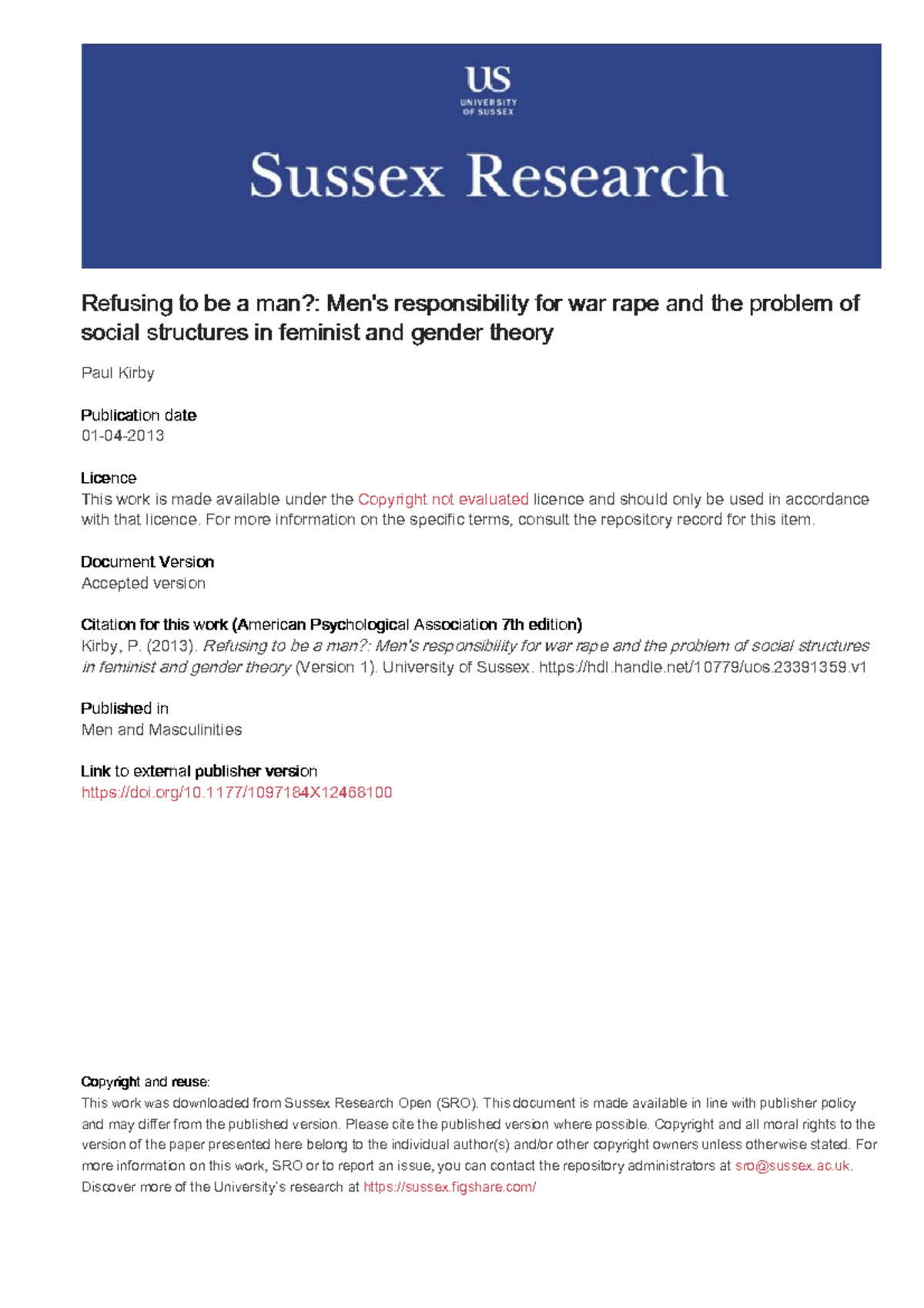Refusing to Be a Man?: Men's Collective Responsibility for War Rape ...