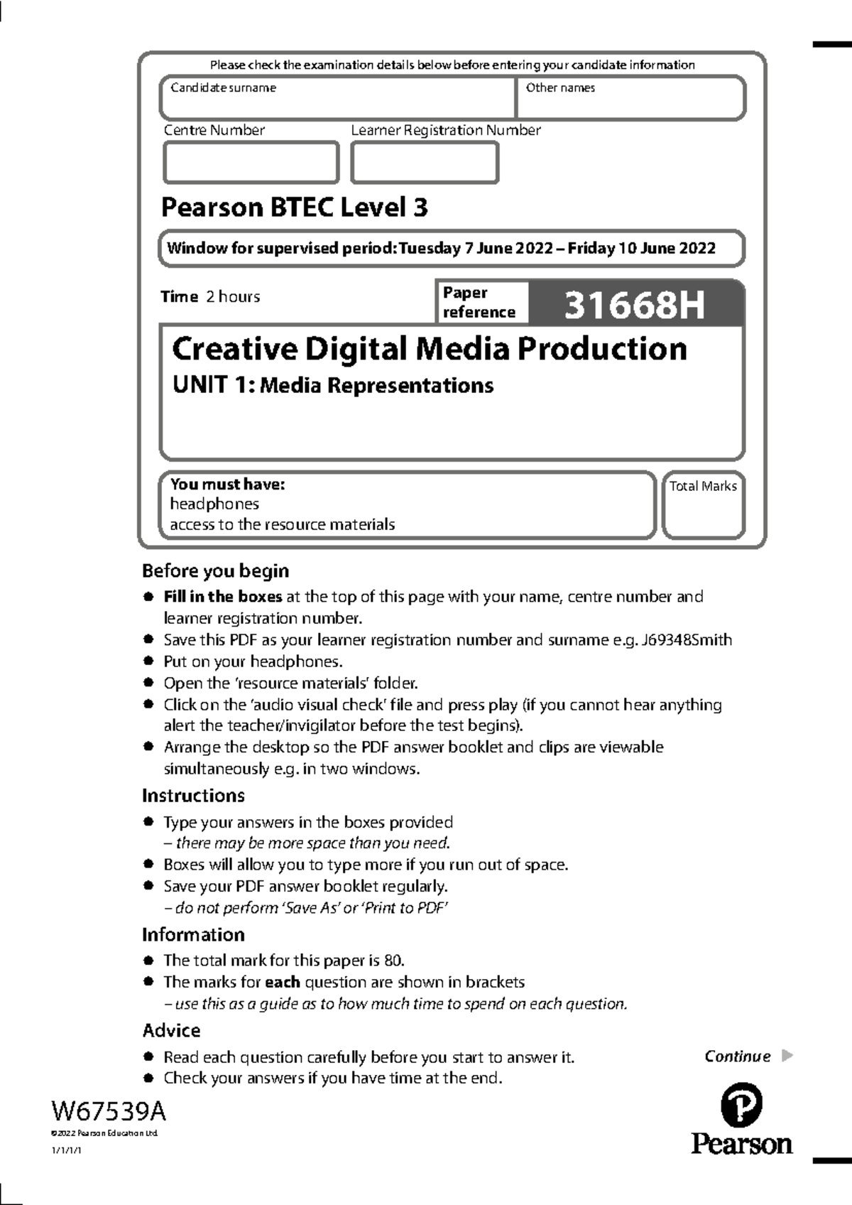 Question Paper - BTEC Level 3 Creative Digital Media Production Unit 1 ...