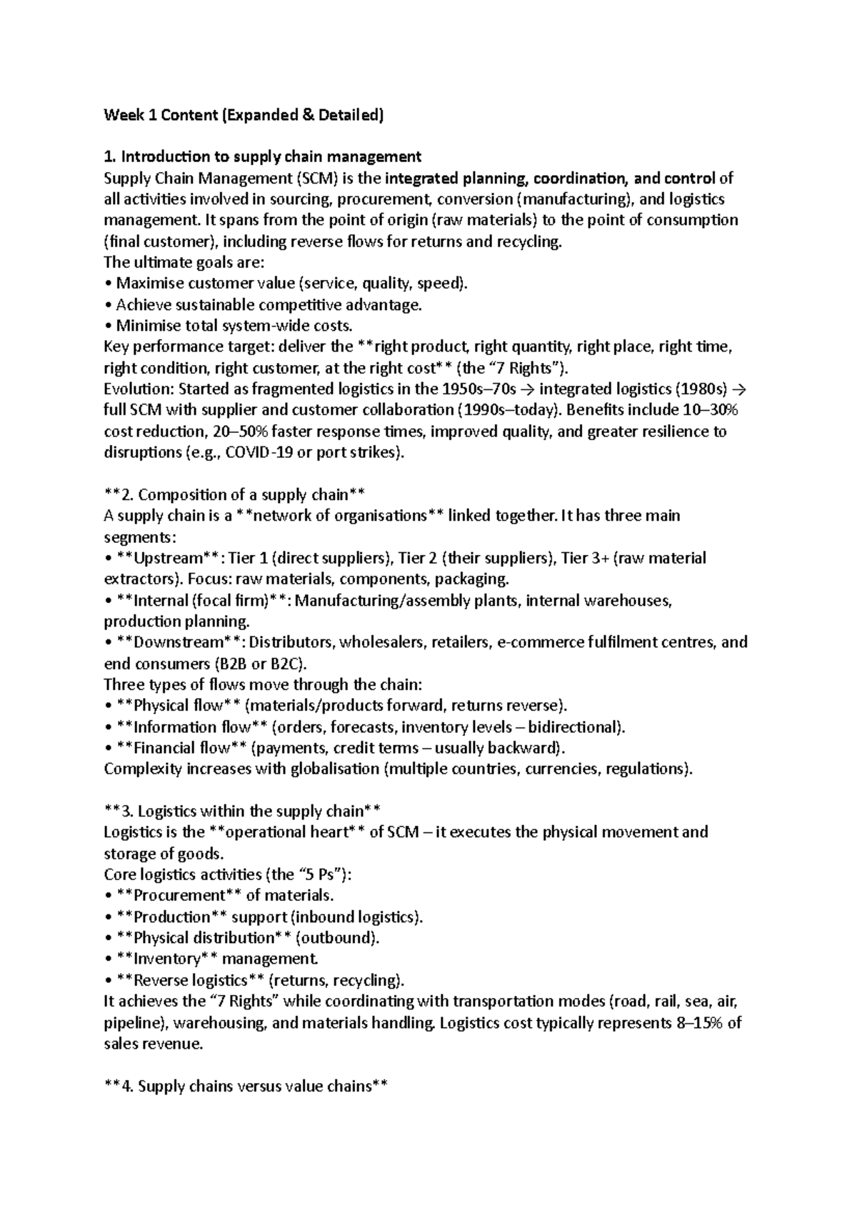 SCM 101: Week 1 to 5 Expanded Notes on Supply Chain Management - Studocu