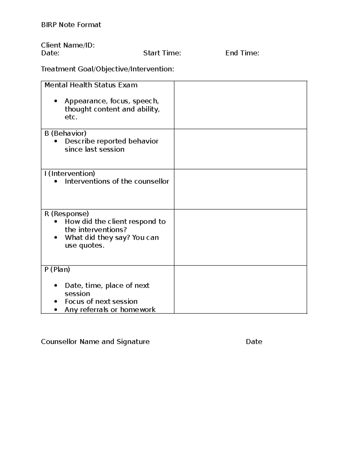 BIRP Note Format - BIRP Note Format Client Name/ID: Date: Start Time ...