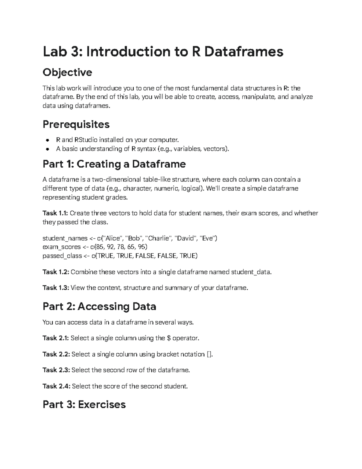 Lab 3: Intro to R Dataframes - Creating & Analyzing Data - Studocu