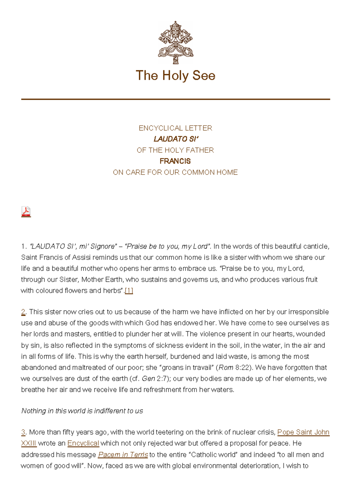 Pope Francis' 2015 Encyclical "Laudato Si': On Care for Our Common Home ...
