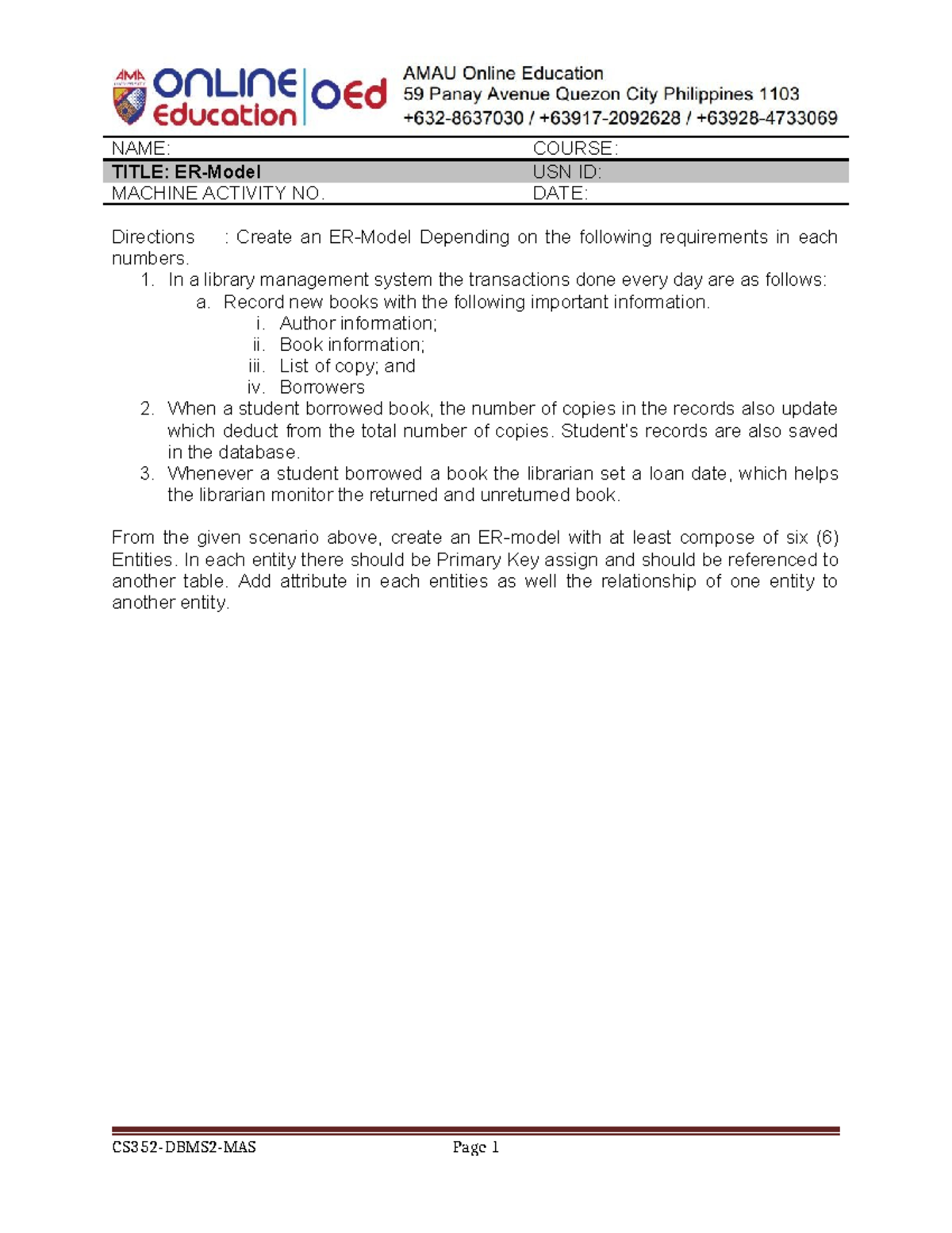 Laboratory Exercise 004 - Data Model for Library Management System ...