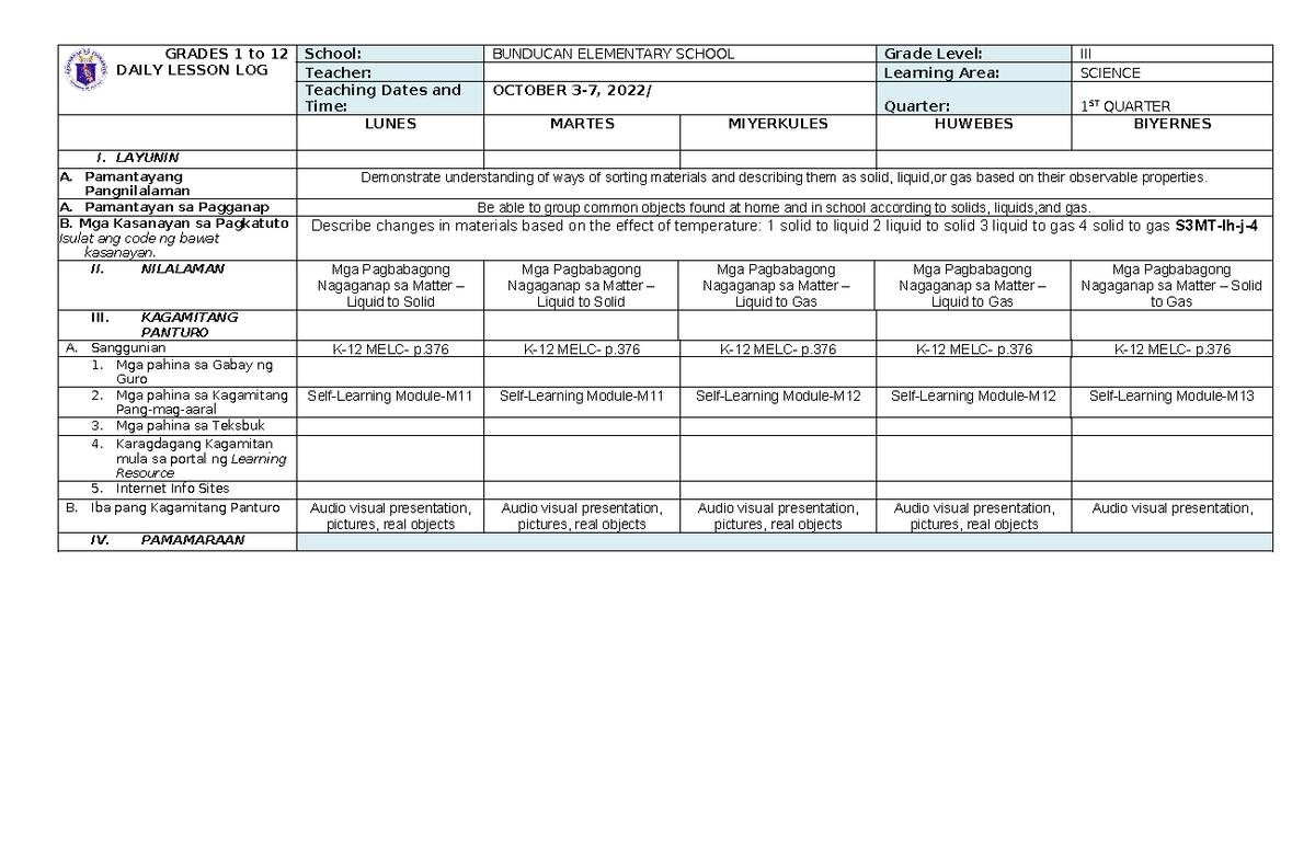 DLL Science Q1 Week 7 Lesson Plan on Matter Changes - Studocu