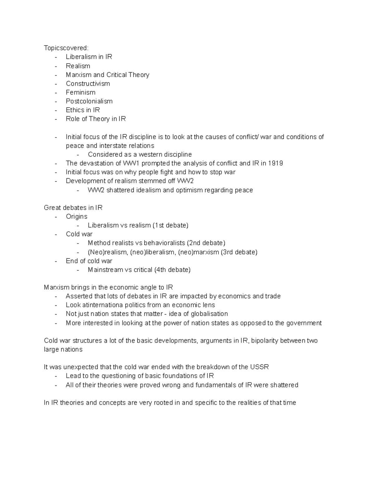 Lecture 1 - international relations - Topicscovered: - Liberalism in IR ...