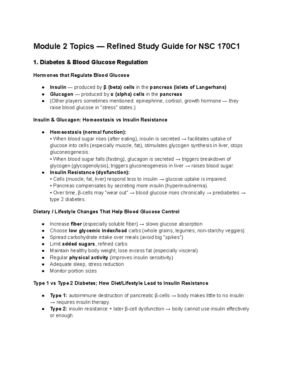 Refined Study Guide for NSC 170C1: Diabetes & Nutrition Insights - Studocu