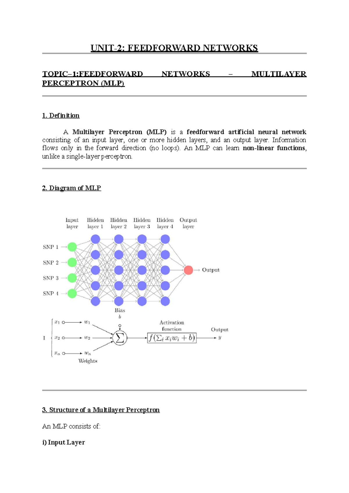 UNIT-2 Notes: Deep Learning Concepts & Techniques (MLP, GD, BP, ERM ...