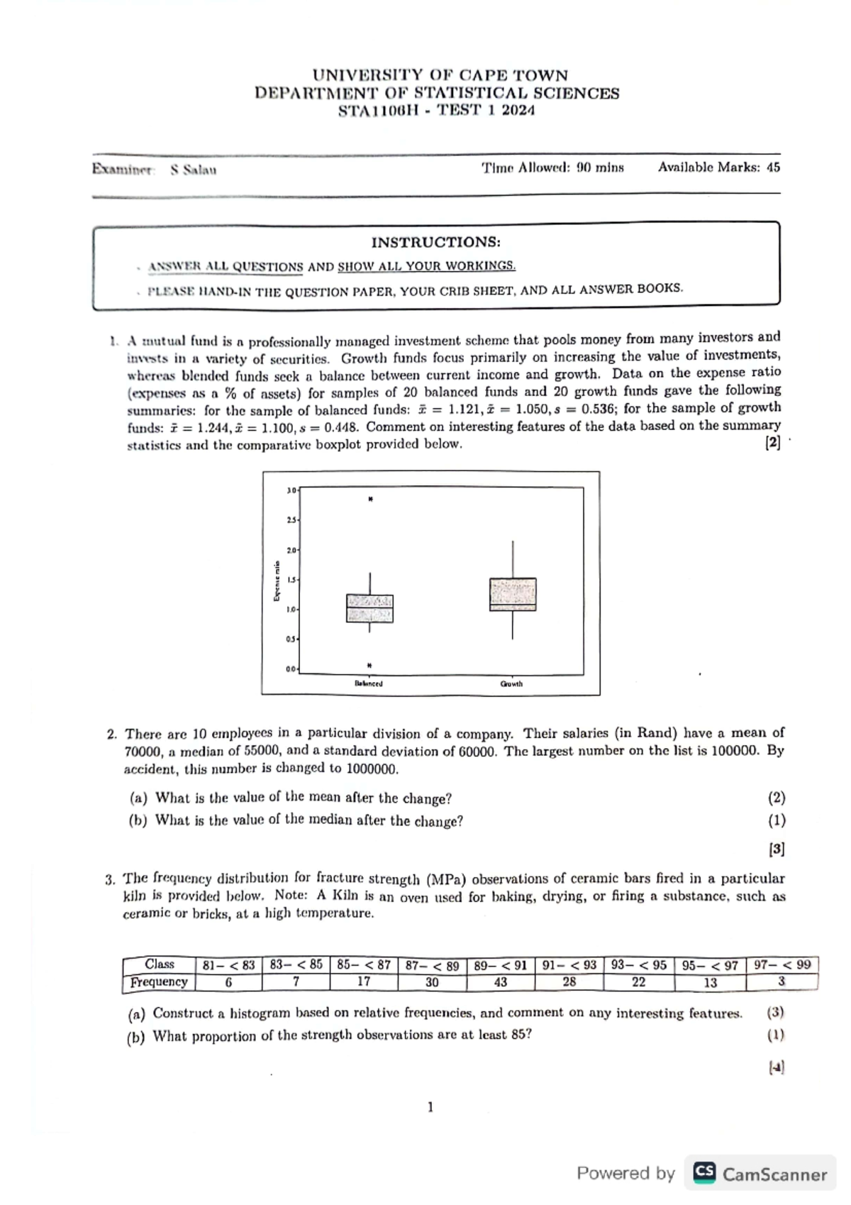 STA1106H 2024 Test 1 - Practice Paper with Solutions and Comments - Studocu