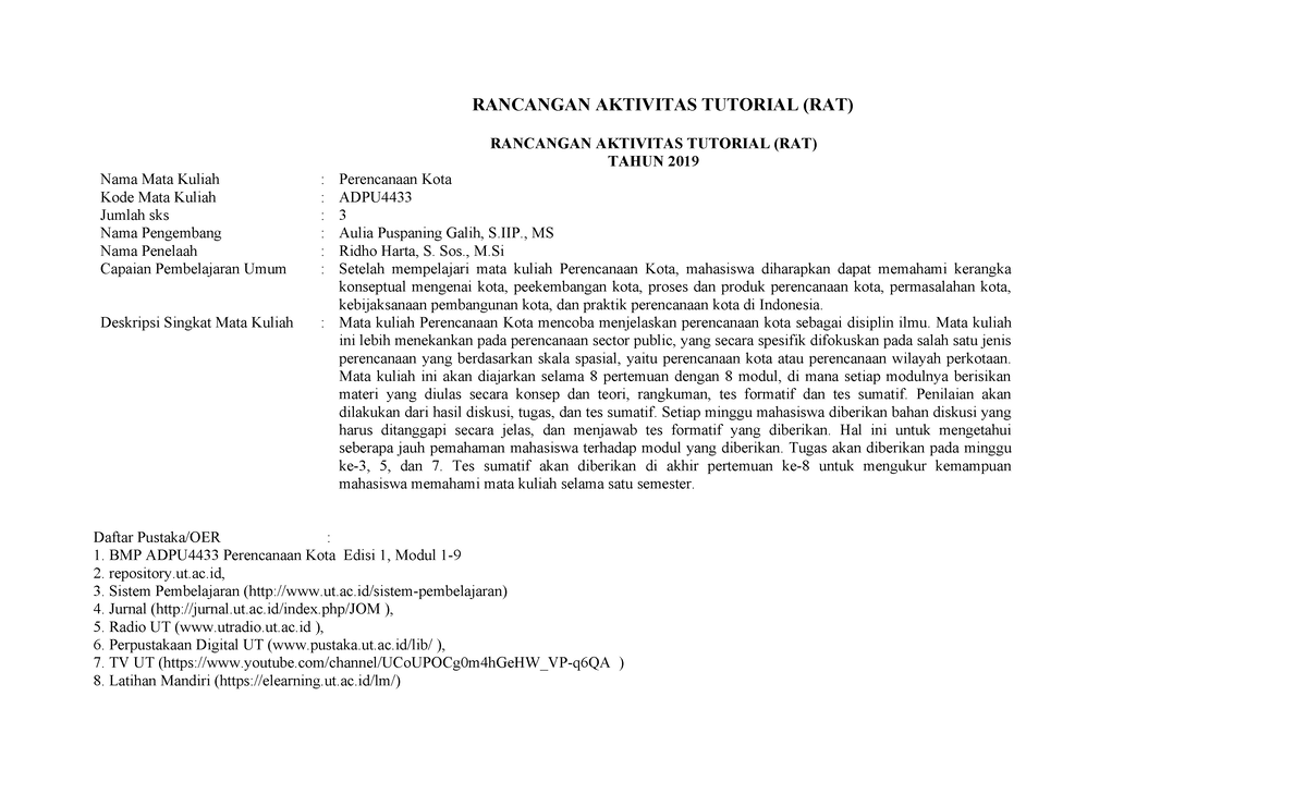 Rancangan Aktivitas Tutorial Mata Kuliah ADPU 4433 - Perencanaan Kota ...