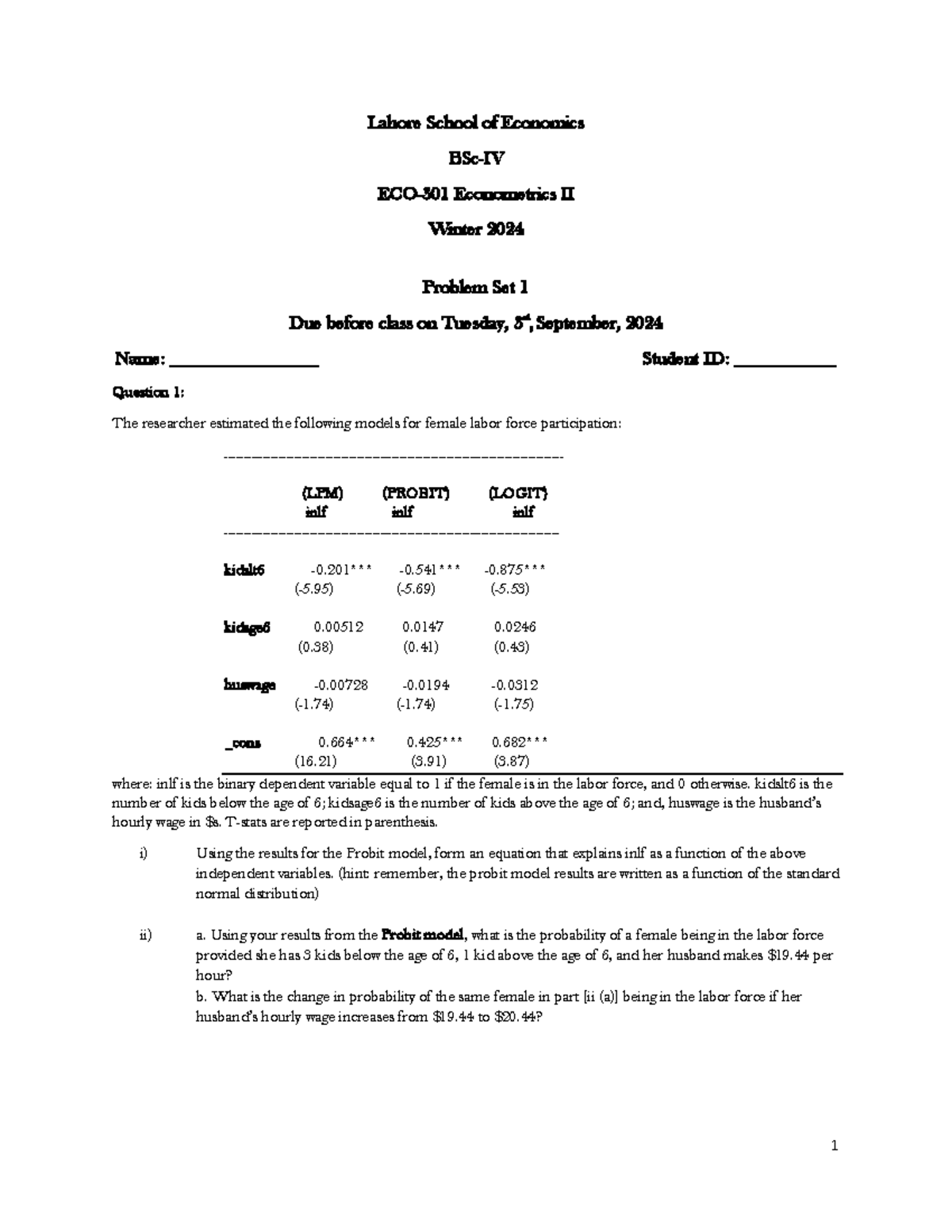 Ps1 - Problem set 1 - Lahore School of Economics BSc-IV ECO- 301 ...