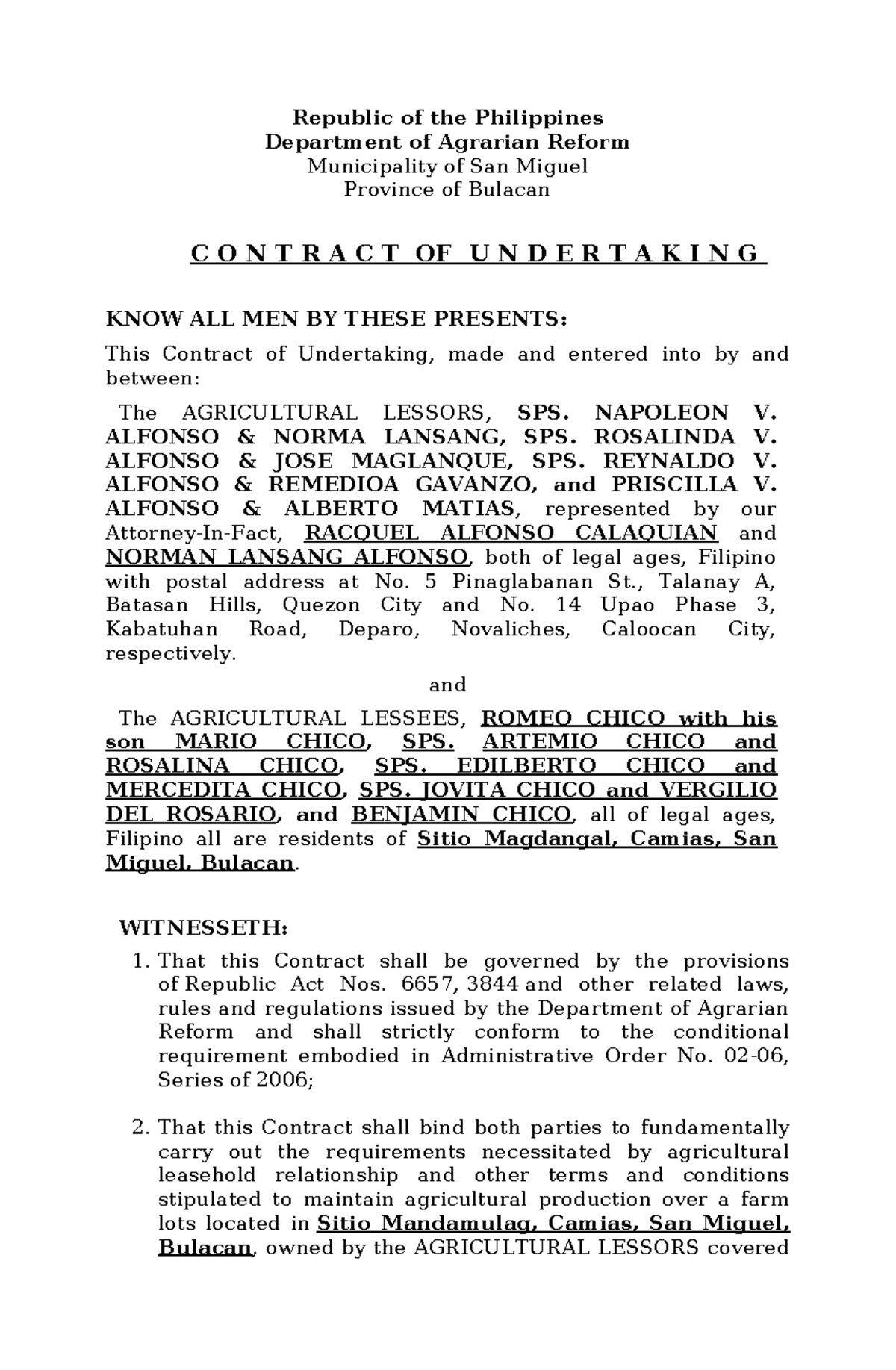 Contract of Undertaking for Agricultural Lease in Bulacan - Studocu