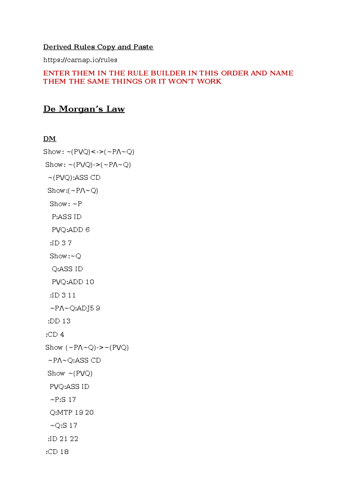 Derived Rules for Logic Structures (Carnap/rules) - Studocu