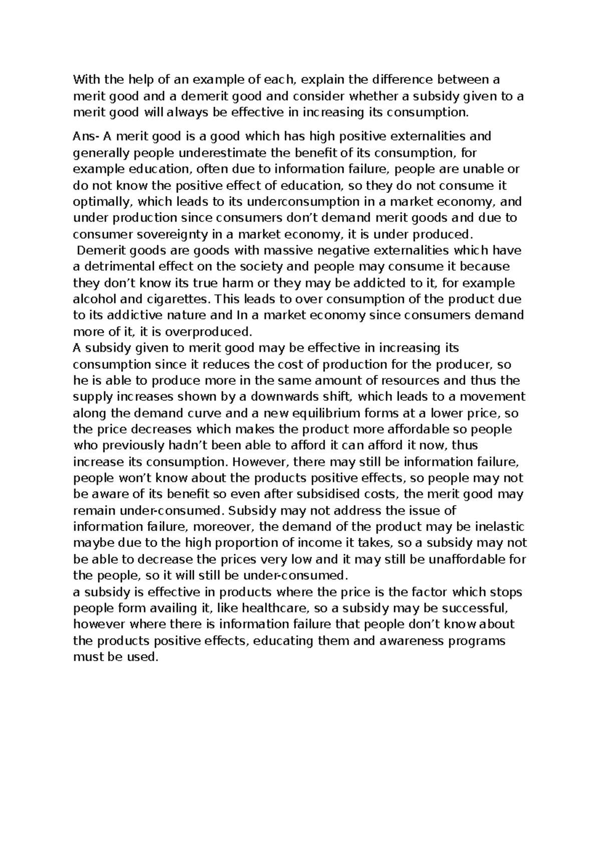Merit vs. Demerit Goods: Impact of Subsidies on Consumption - Studocu