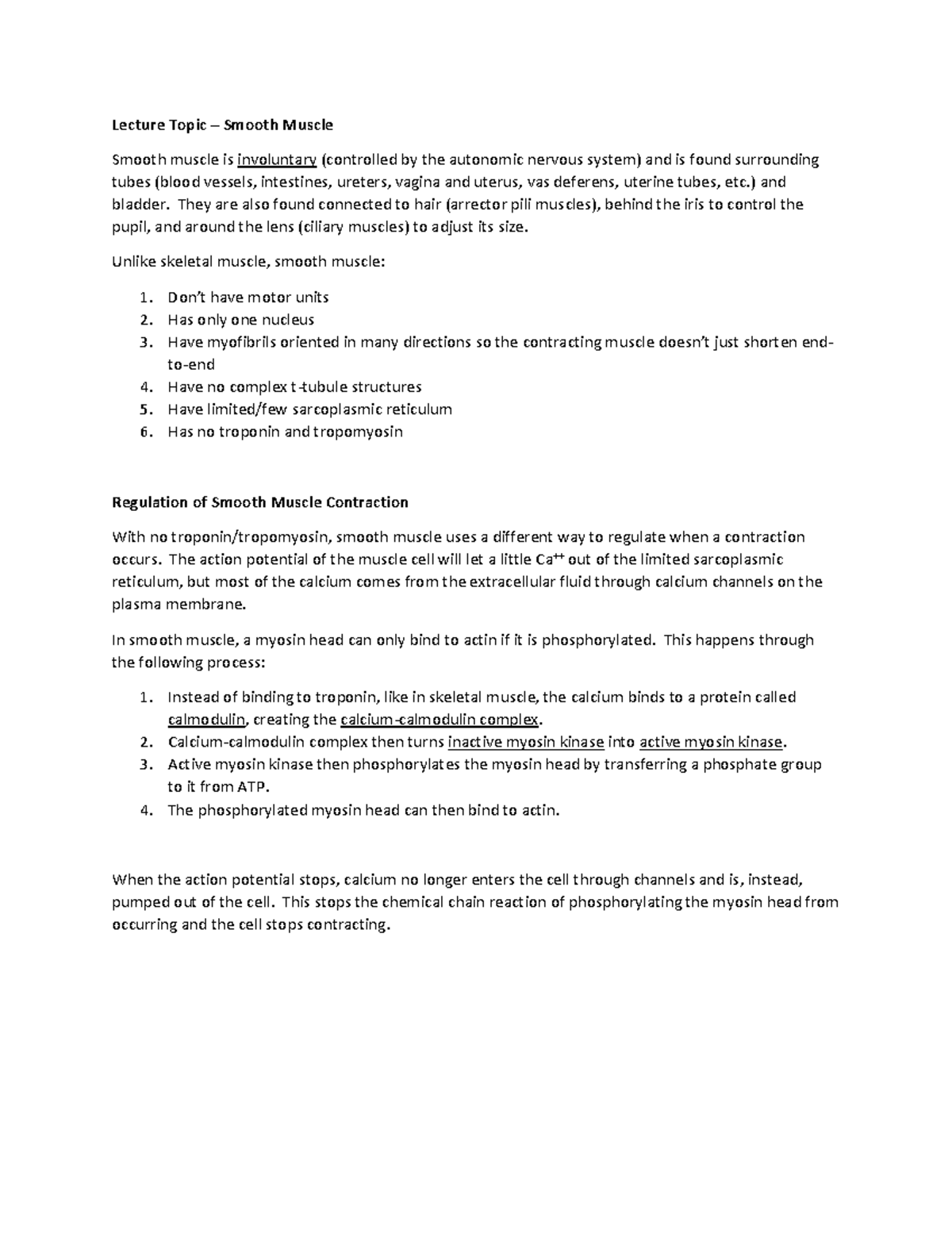 Lecture Notes: Smooth Muscle Physiology & Contraction Mechanisms - Studocu