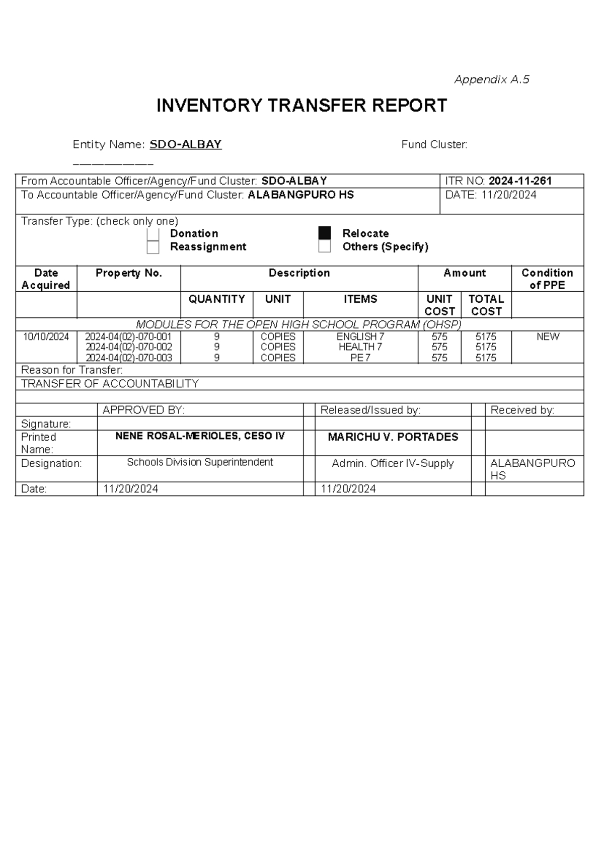 Appendix A.5 ITR for OHSP Inventory Transfer Report - Studocu