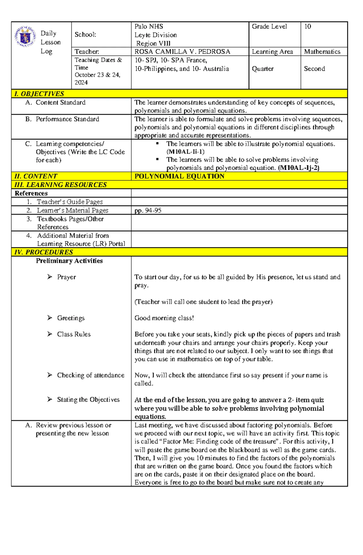 WLL-Q1W1 - Grade 10 Weekly Learning Log for Psychosocial Support - Studocu