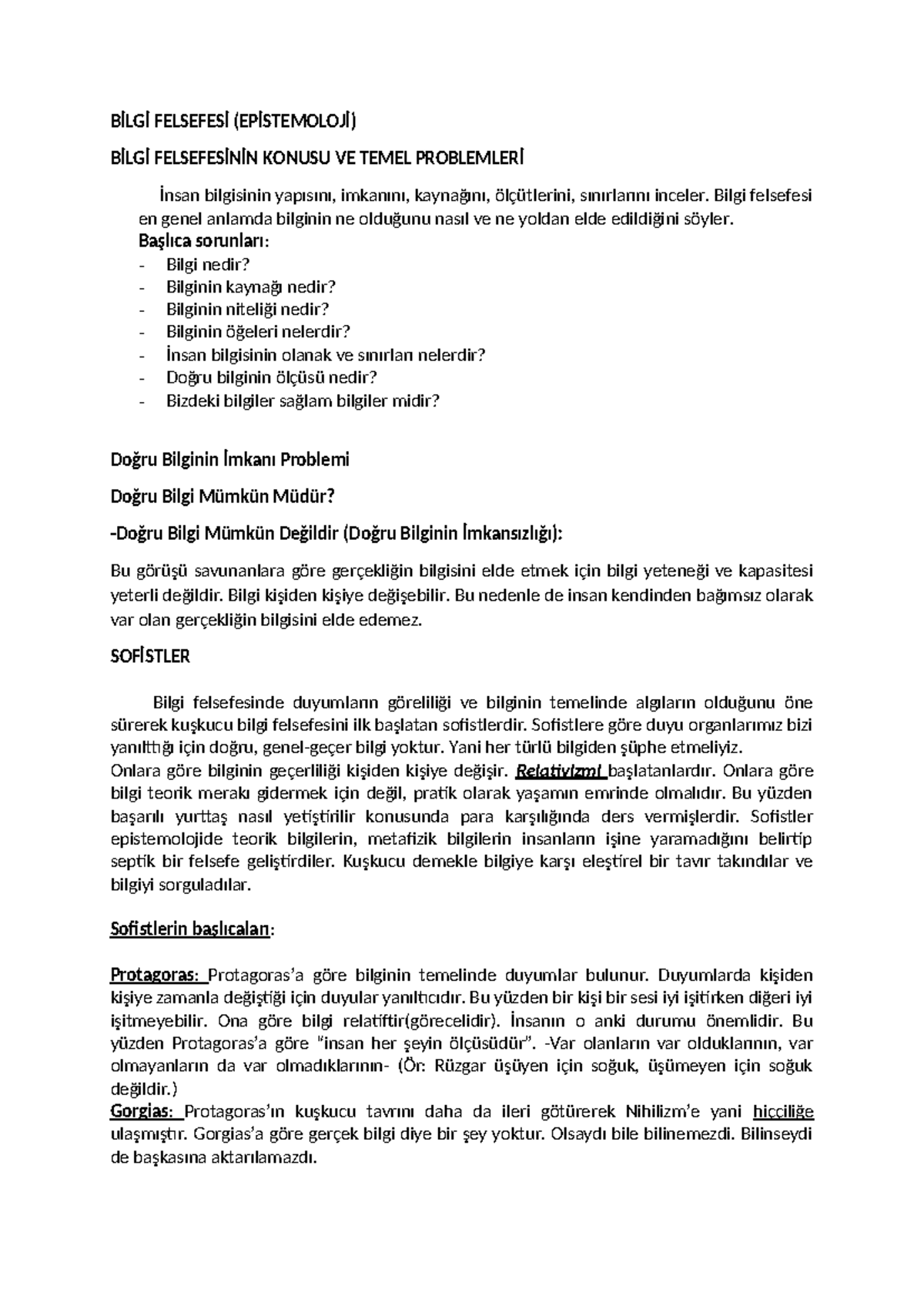 10. Sınıf Ünite 4: Bilgi Felsefesi ve Temel Problemleri - Studocu