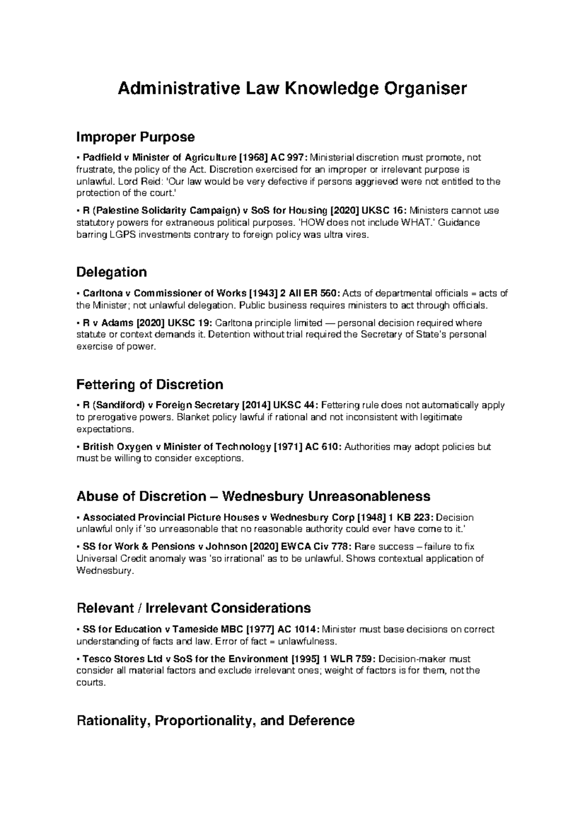 Administrative Law Knowledge Organiser: Key Doctrines & Cases - Studocu